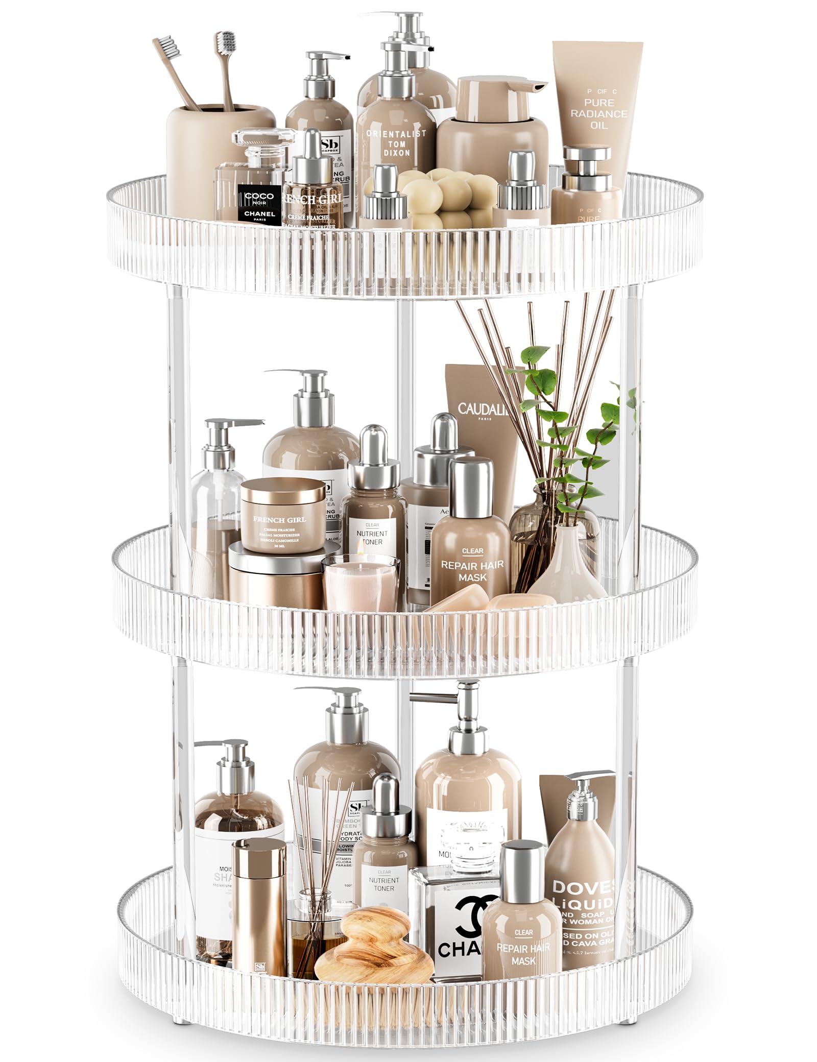 3 Tier Lazy Susan Bathroom Countertop Organizer, 360 Clear Rotating Makeup Cosmetic Perfume Storage Tray, Spinning Vanity Organi