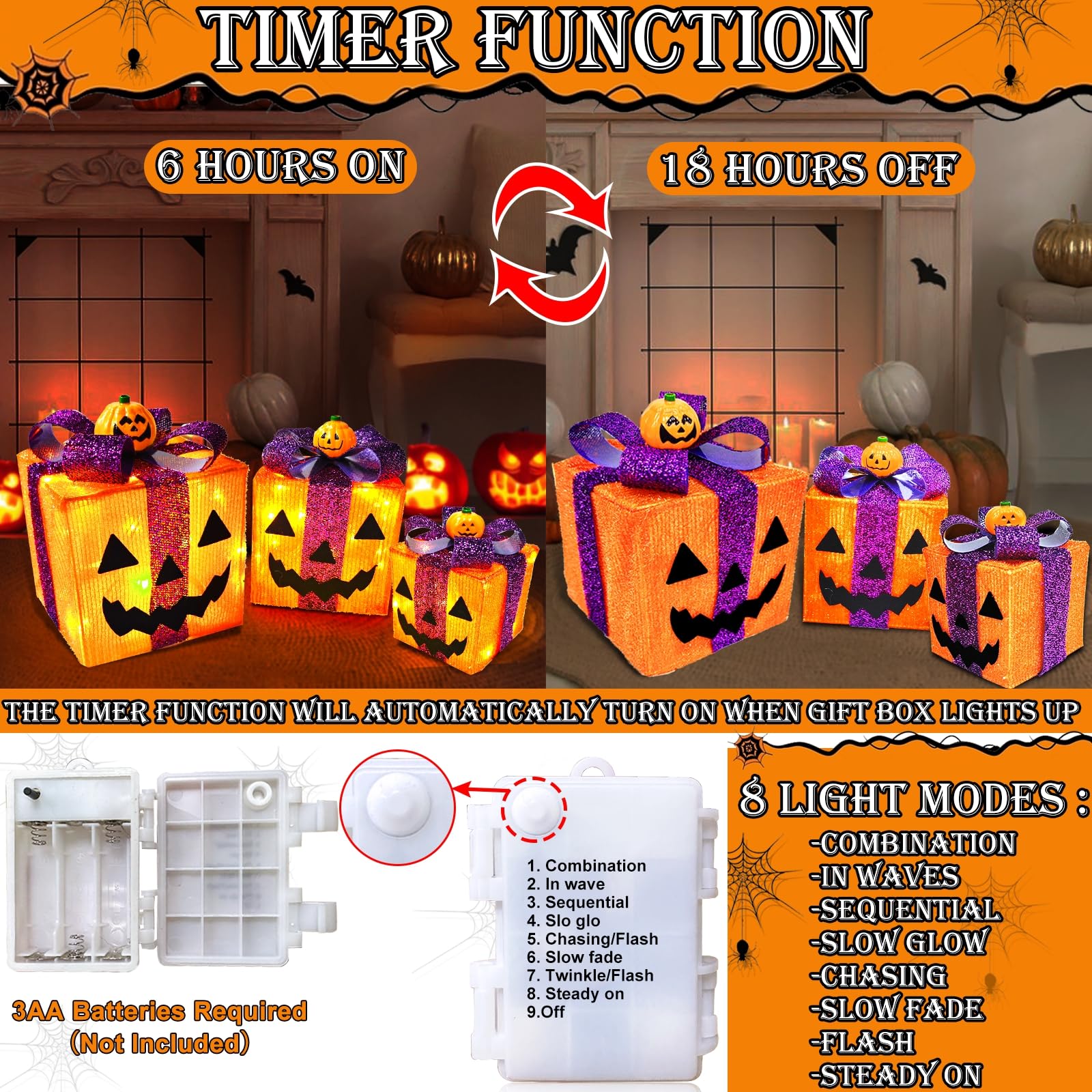 [ 8 Modes & Timer ] 3 Pack Lighted Halloween Pumpkin Decorations with 60 LED Lights Battery Operated Jack-O-Lantern Gift Box Hal