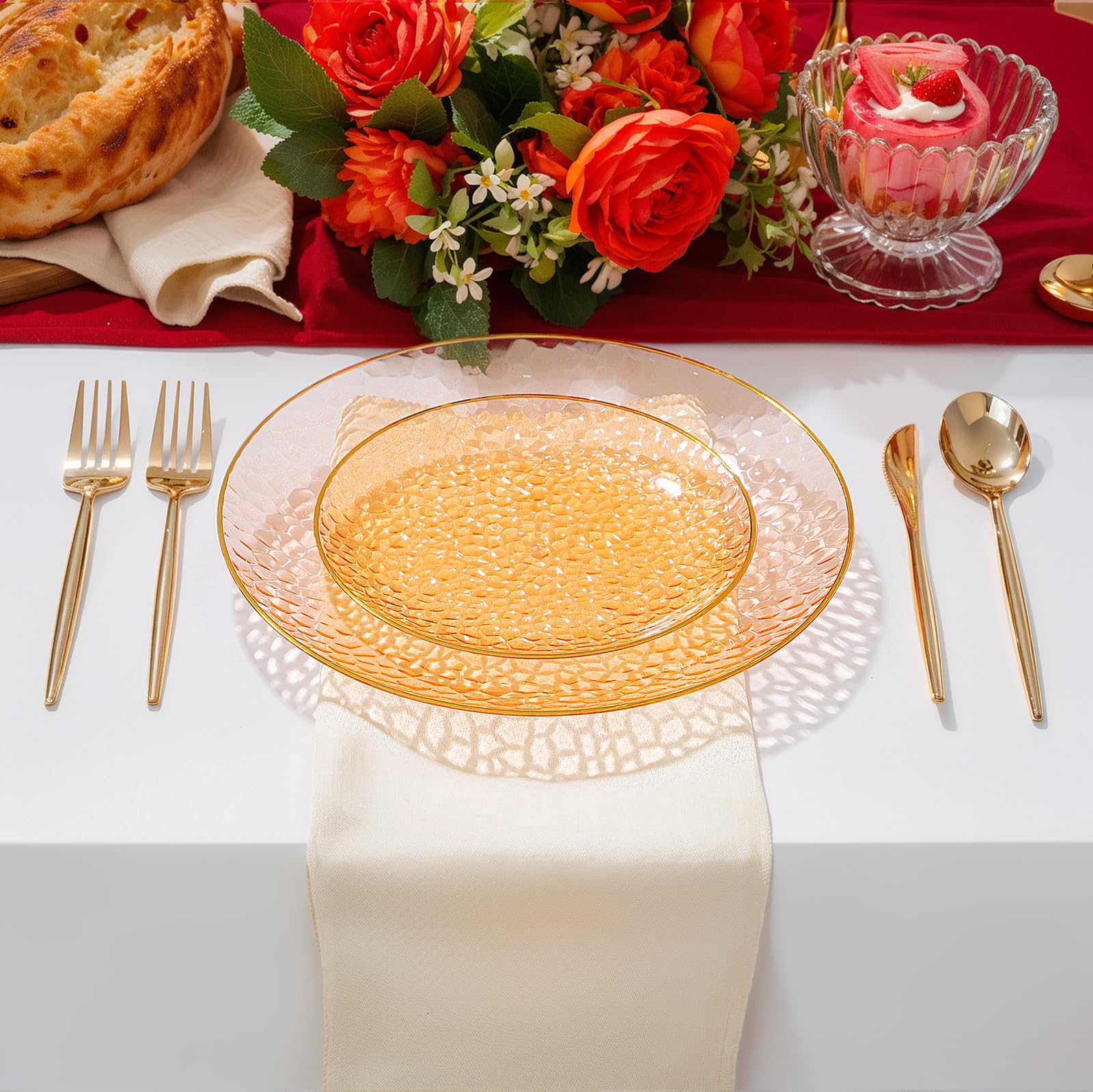 Rubtlamp 60Pcs Orange Plastic Plates, Orange Disposable Plates With Gold Rim, Hammered Plastic Plates Include 30 Dessert Platos,