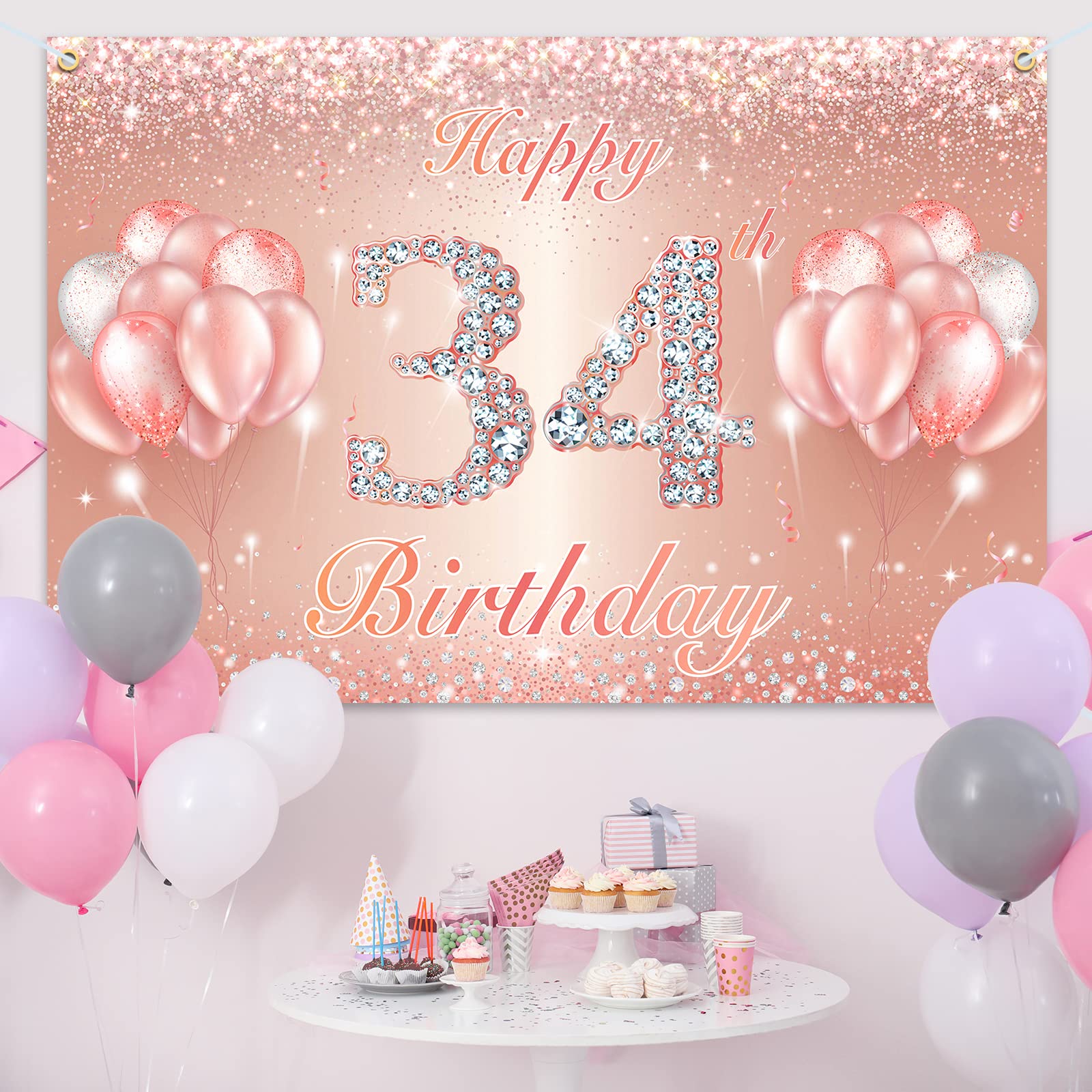 Happy 34Th Birthday Banner Backdrop - 34 Birthday Party Decorations Supplies For Women Or Men - Rose Gold 4 X 6Ft