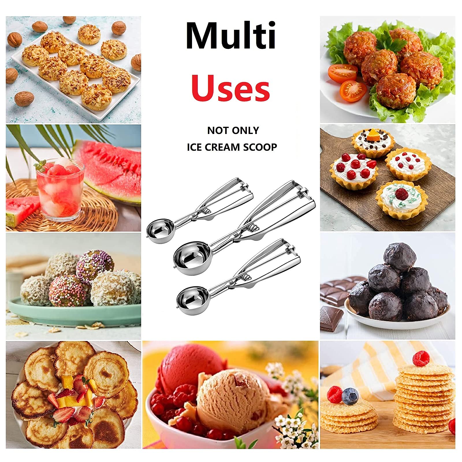 Ice Cream Scoop, 3Pcs Cookie Scoop Set, Stainless Steel Ice Cream Scooper With Trigger Release, Large/Medium/Small Cookie Scoope