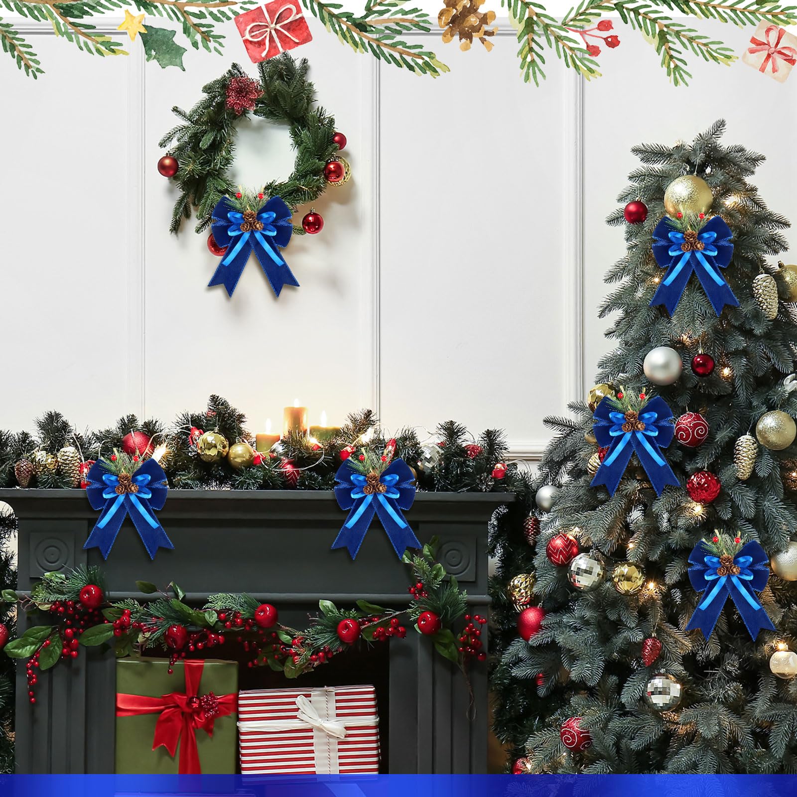 Syhood 6 Pcs Christmas Bows with Pine Cones Pine Needles Xmas Blue Velvet Bows Blue Velvet Ribbon Christmas Tree Wreath Decorati