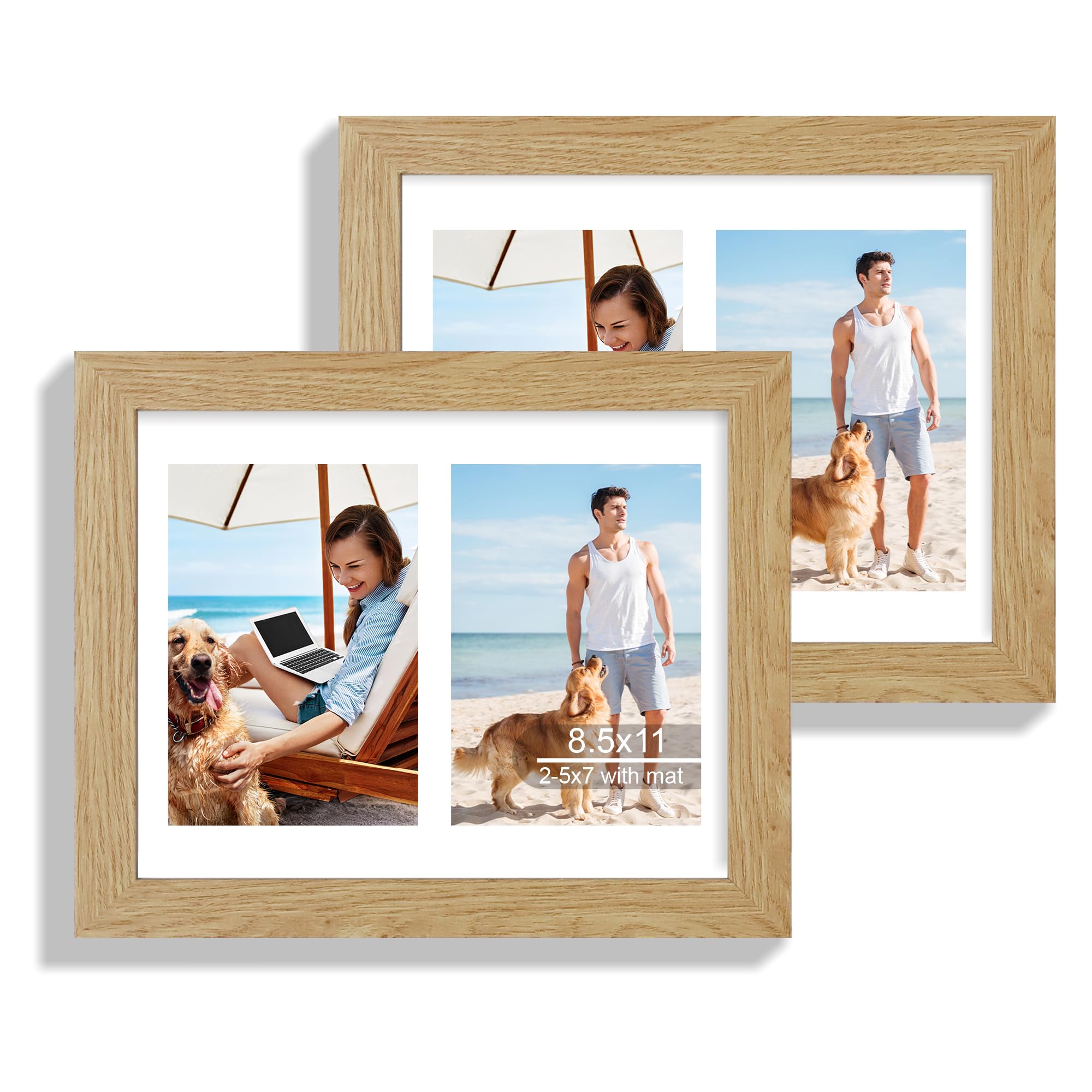 Hongkee 8.5x11 Picture Frame Set of 2, Natural Oak Certificate Document Frames with Glass Collage Frame, Display Pictures Two 5x
