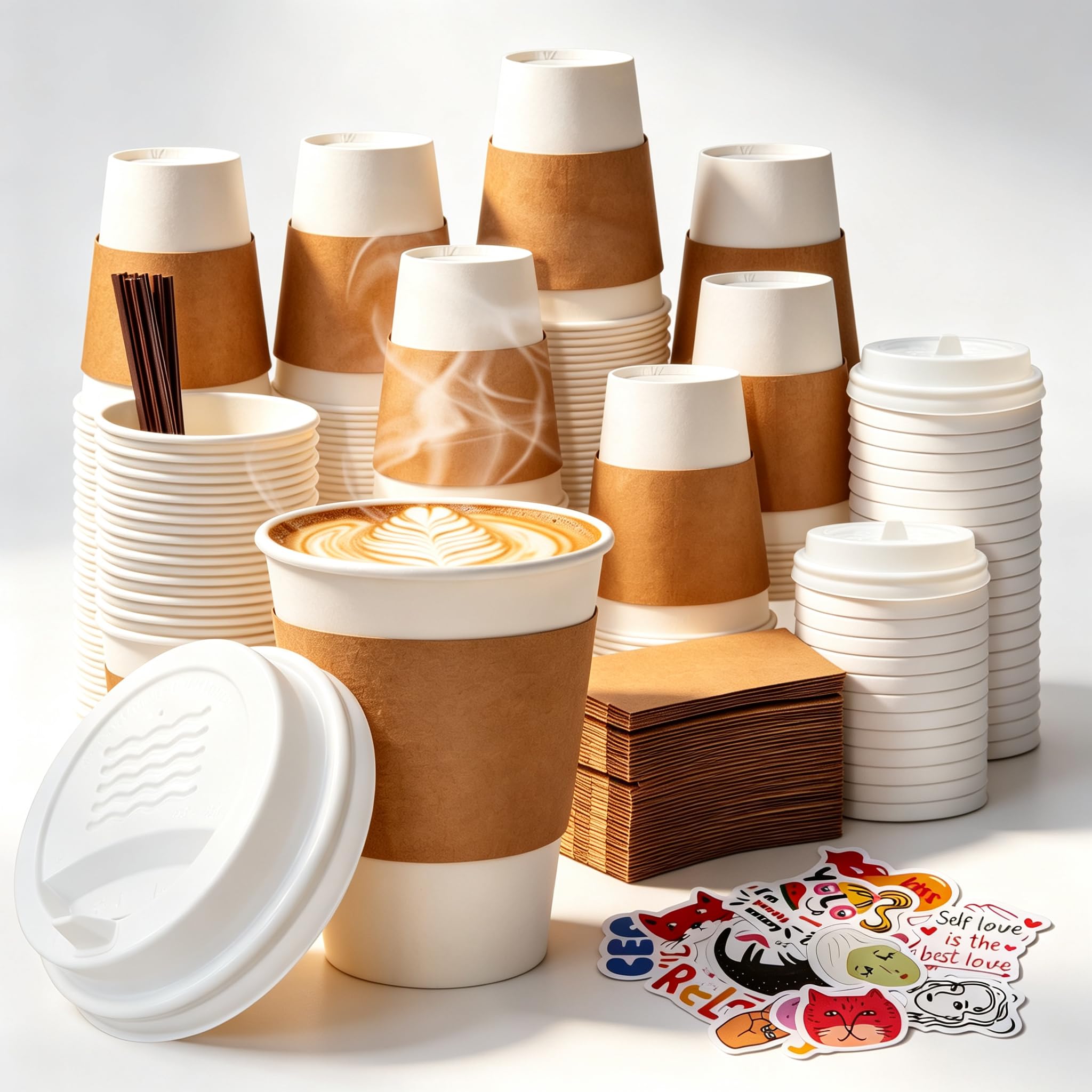 BIBBOO 12 oz Disposable Coffee Cups with Lids, Sleeves and Stirrers 100 Pack, Hot Cups with Lids, LeakProof To Go Cups for Hot 