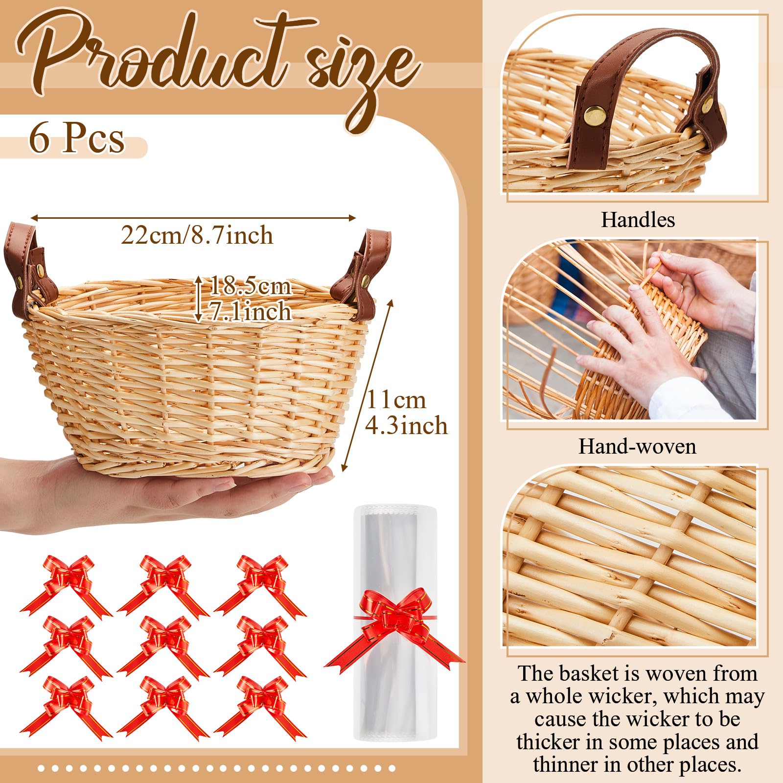 Sintuff 6 Pcs Small Wicker Basket for Gifts, Empty to Fill Chocolate Nuts Cookies Fruits with Handle, Clear Cellophane Wrap Bags
