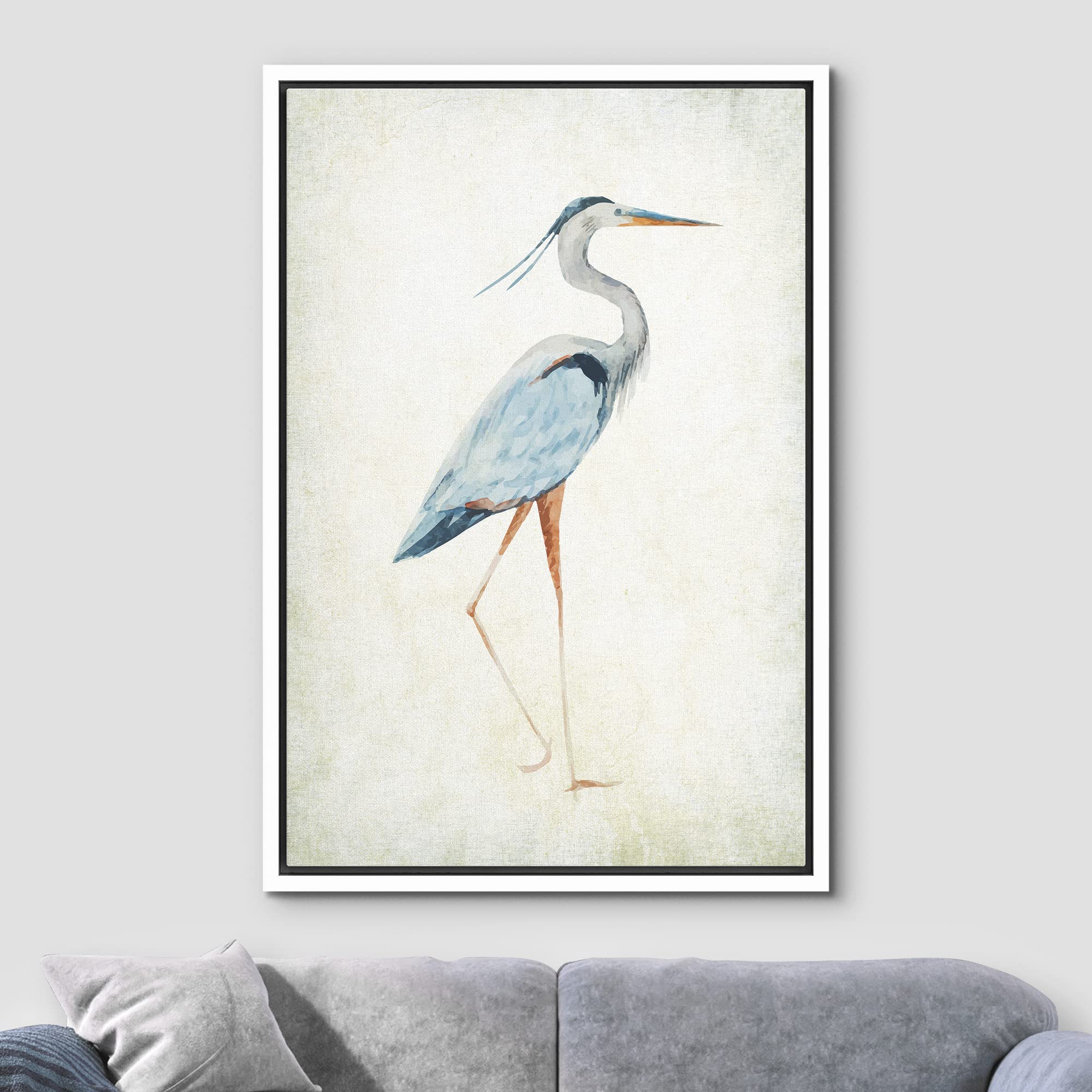 Wall26 - Framed Canvas Wall Art - Heron Bird - Wild Animal - Gallery Wrap Modern Home Art | Ready To Hang - 24''X36'' White