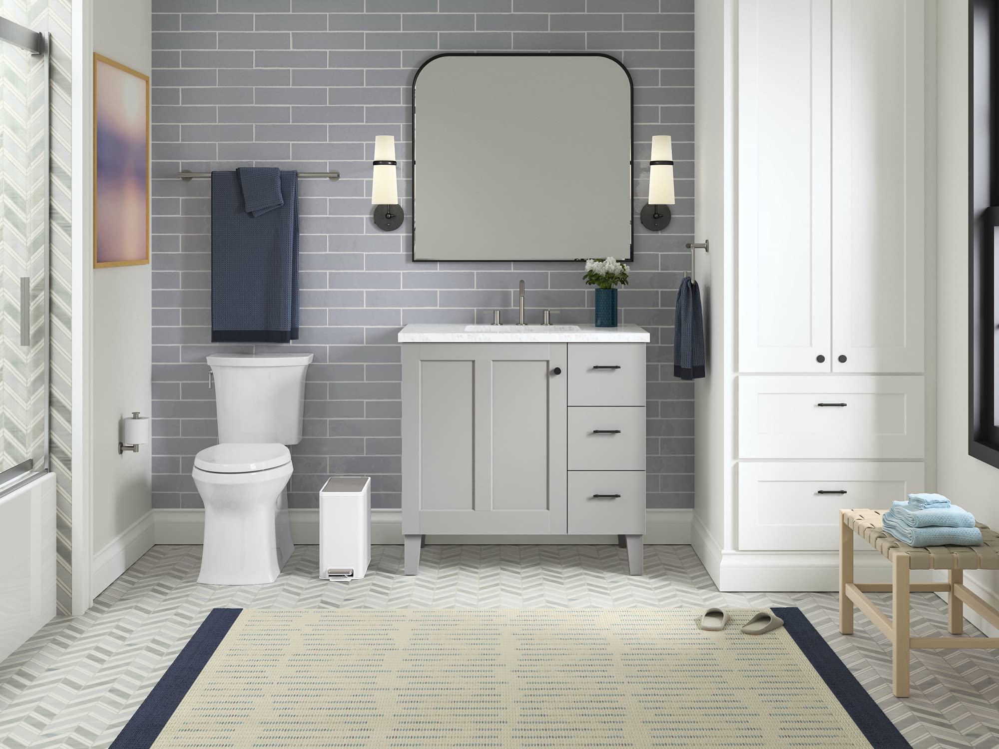 KOHLER 20957-STW 2.5 Gallon Slim Step Trash Can  Bathroom Trash Can with Soft-Close Foot Pedal  White with Stainless Steel