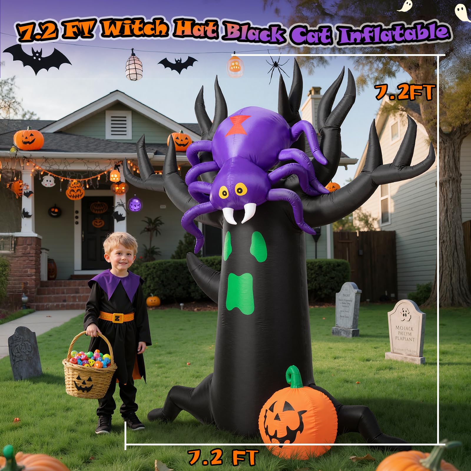 7FT Halloween Inflatable Tree with Giant Purple Spider and Pumpkin, Spooky Blow Up Yard Decoration with LED Lights for Outdoor L