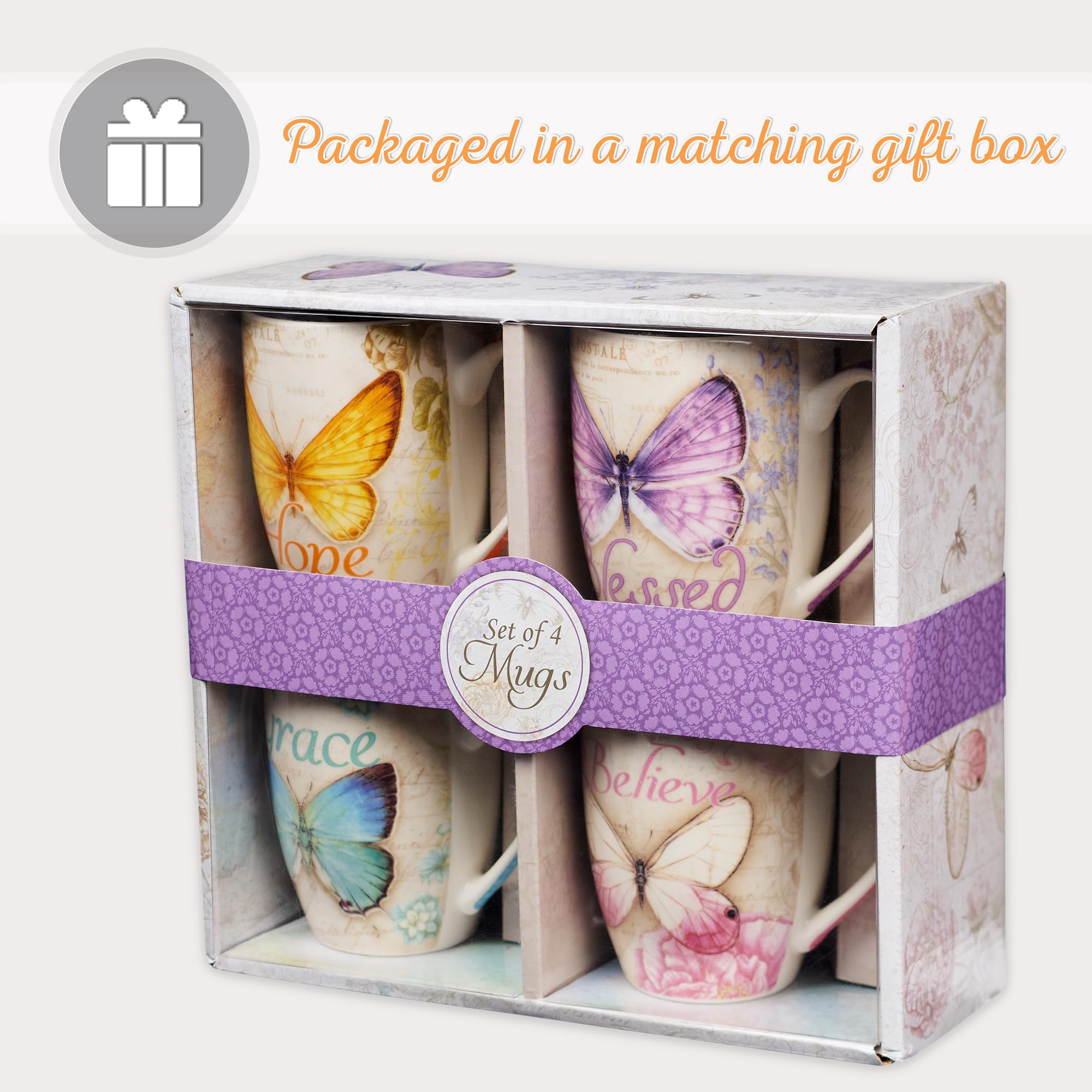Christian Art Gifts Botanic Butterfly Blessings Coffee/Tea Mug Set W/Scripture Teal Grace Butterfly, Purple Blessed Butterfly, P
