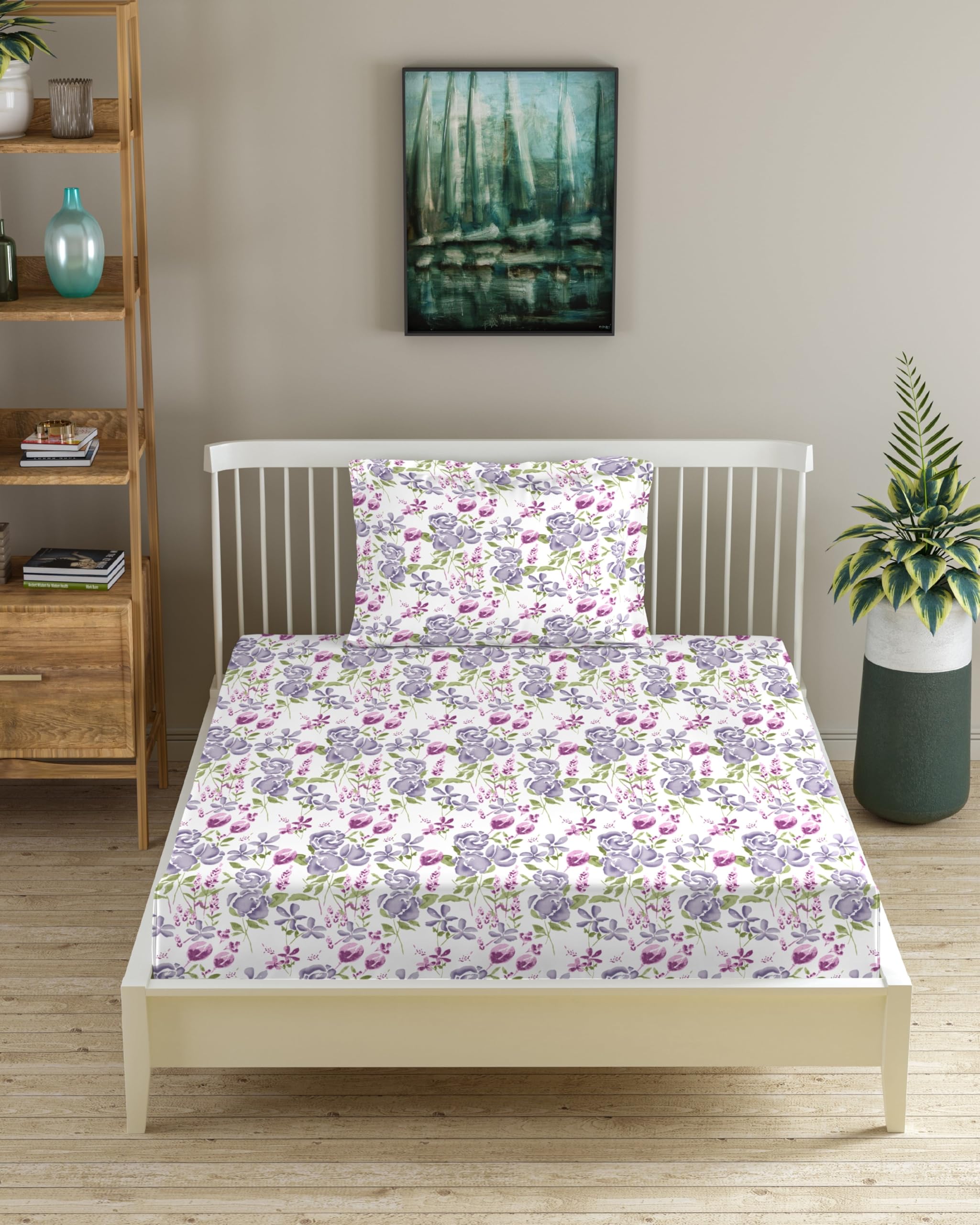 Trance Home Linen 180Tc 100% Cotton 72X30 Single Bed Size Elastic Fitted Bedsheet | Printed Single Size Bed Elasticated Fitted
