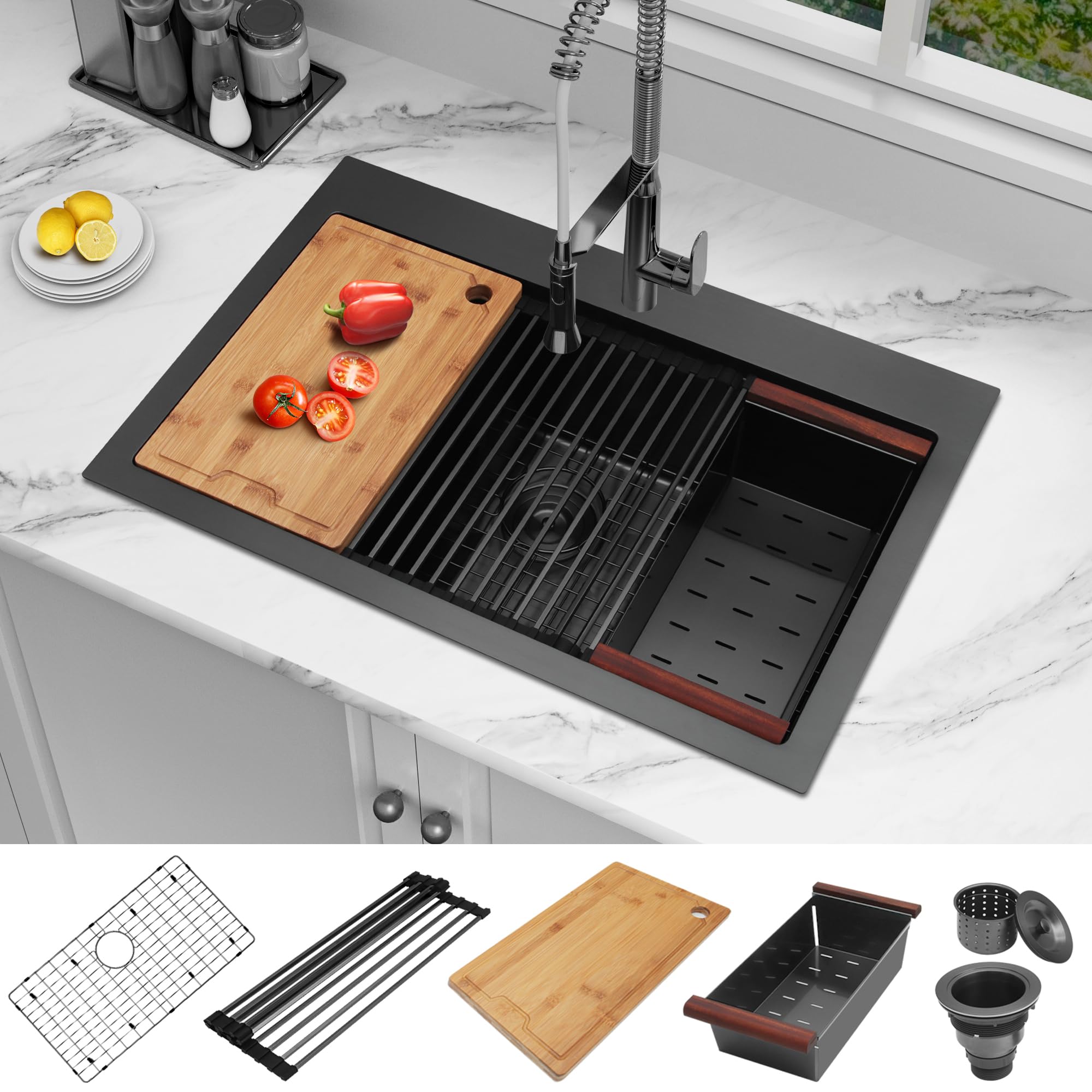 MONSINTA Kitchen Sink, 33 x 22 Black Kitchen Sink, Drop In Kitchen Sink, Stainless Steel Kitchen Sink, Single Bowl Kitchen Sink,