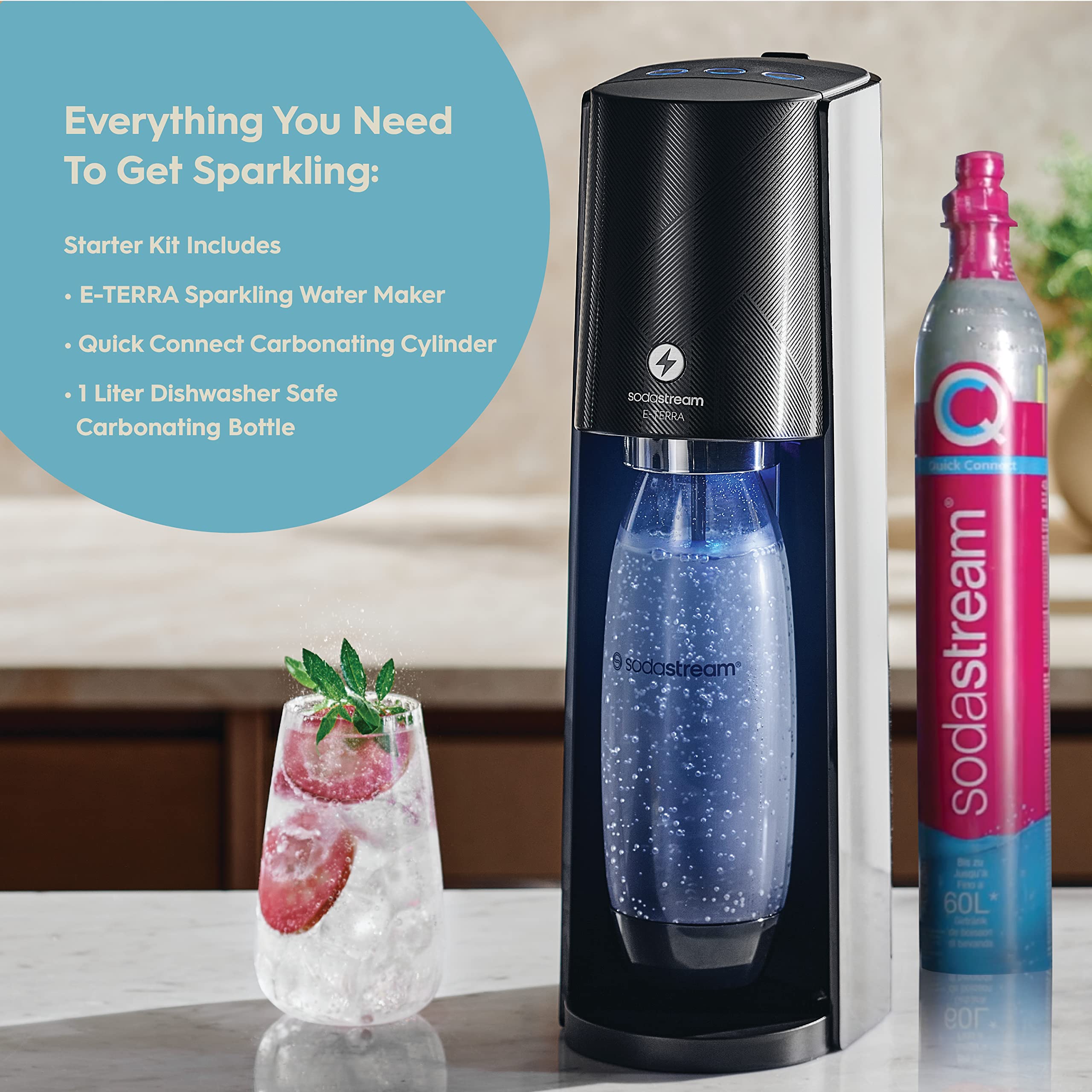 Sodastream E-Terra Sparkling Water Maker (Black) With Co2 And Carbonating Bottle