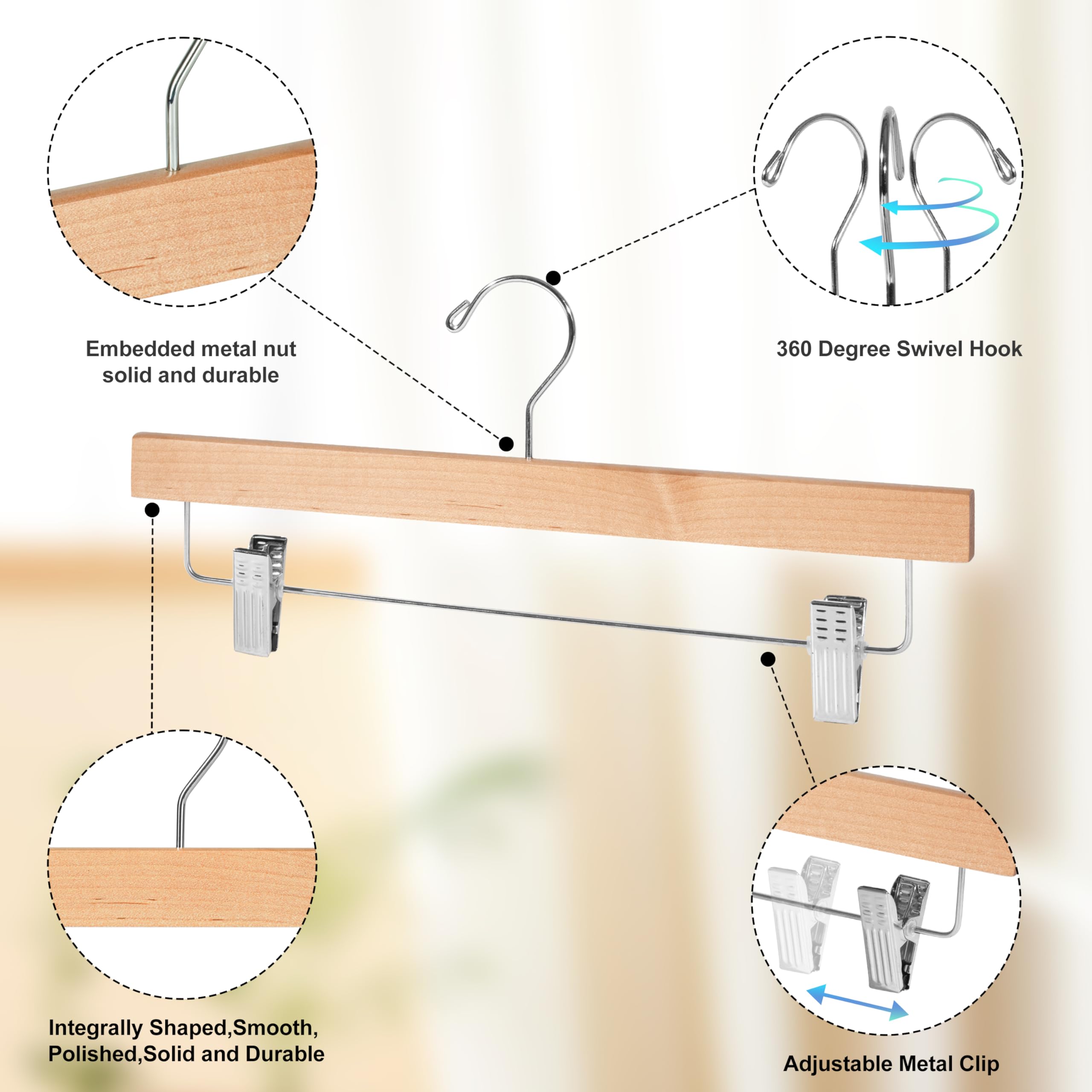 Quality Hangers Wooden Pants Hangers - 10-Pack Swivel Hook Cloth Hanger Set - Lotus Wood Skirt  Pant  Shorts and Slack Hangers with Adjustable Clip - Natural Clothing Hanger Set in 6 Modern Colors