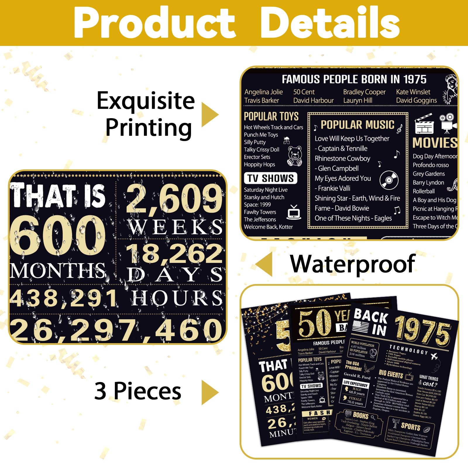 50 Years Ago 50th Birthday Wedding Anniversary Poster 3 Pieces 11 x 14 70s Party Decorations Supplies Large Sign Home Decor Black & Gold Wall Art Prints for Men and Women (Back in 1974-50 Years)