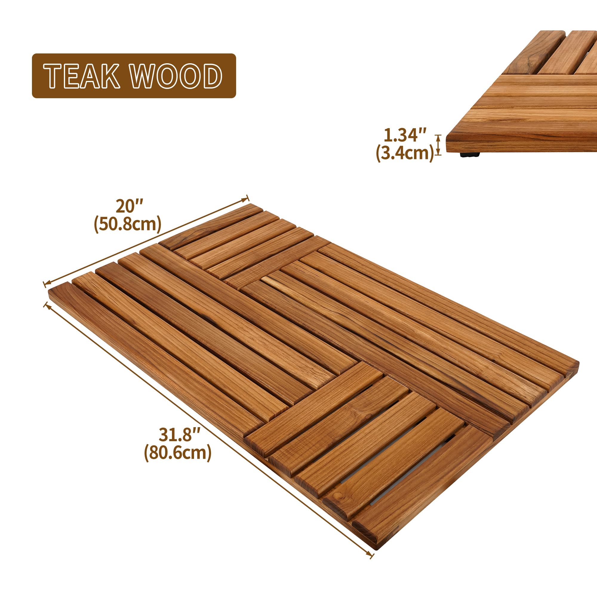 Utoplike Teak Wood Bath Mat, 31.8 X 20 Inch Large Wooden Shower Mat For Bathroom, Non Slip Wood Floor Sturdy Mat For Inside Show
