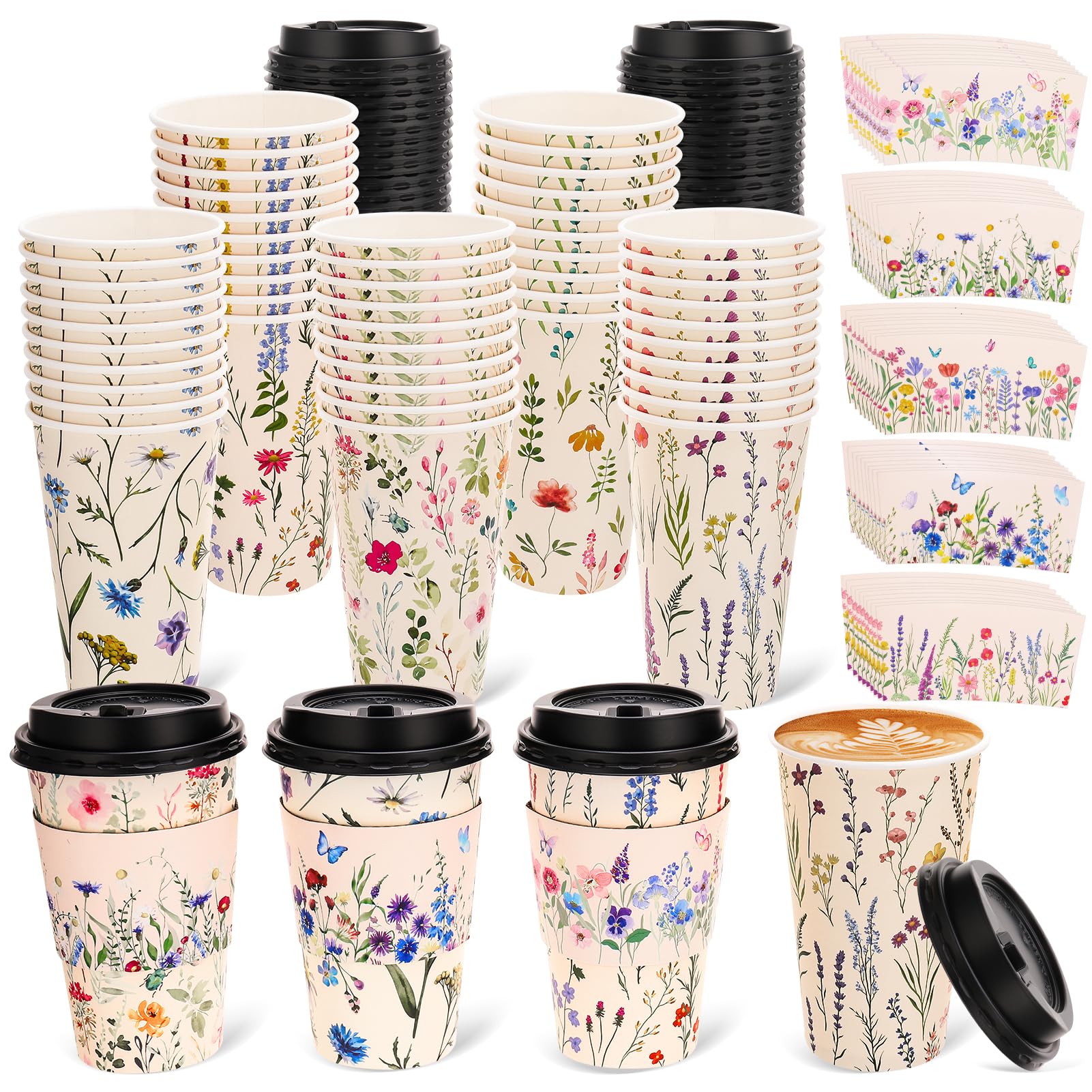 Ovveroche 50 Pack 16Oz Floral Disposable Cups with Lids Sleeves