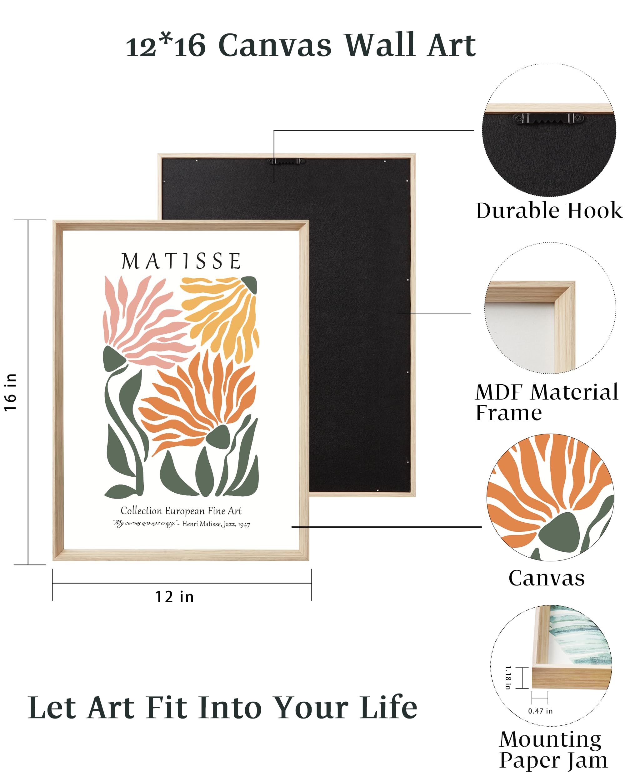 Upwoigh Framed Wall Art, Matisse Flower Market Prints,Set Of 3 Wood Canvas Wall Art,12''X16'' Cotton Pattern Botanical Wall Art