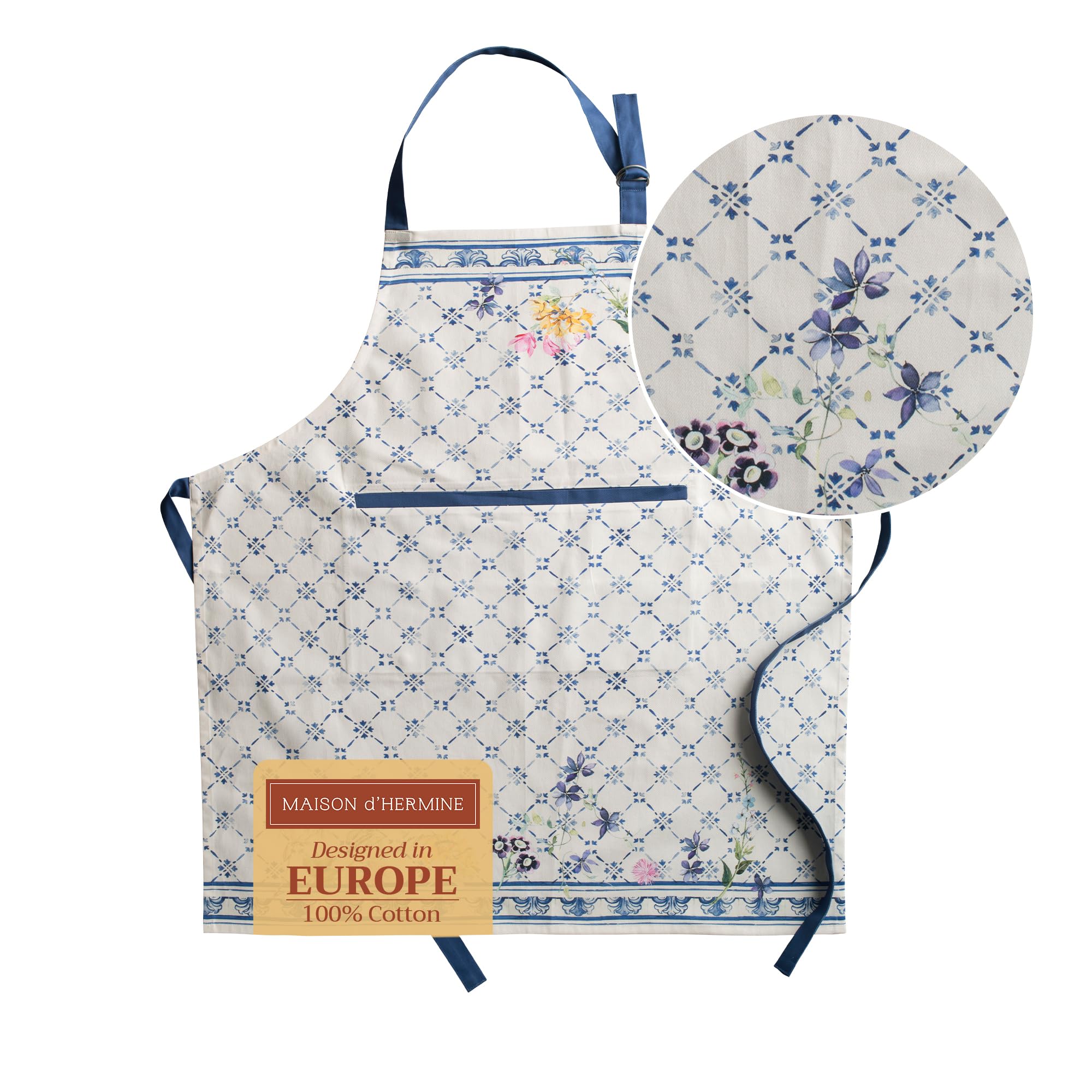 Maison D' Hermine Apron 100% Cotton 1 Piece Adjustable Neck Strap Clothapron With Center Pocket & Long Ties For Mother'S Day Gif