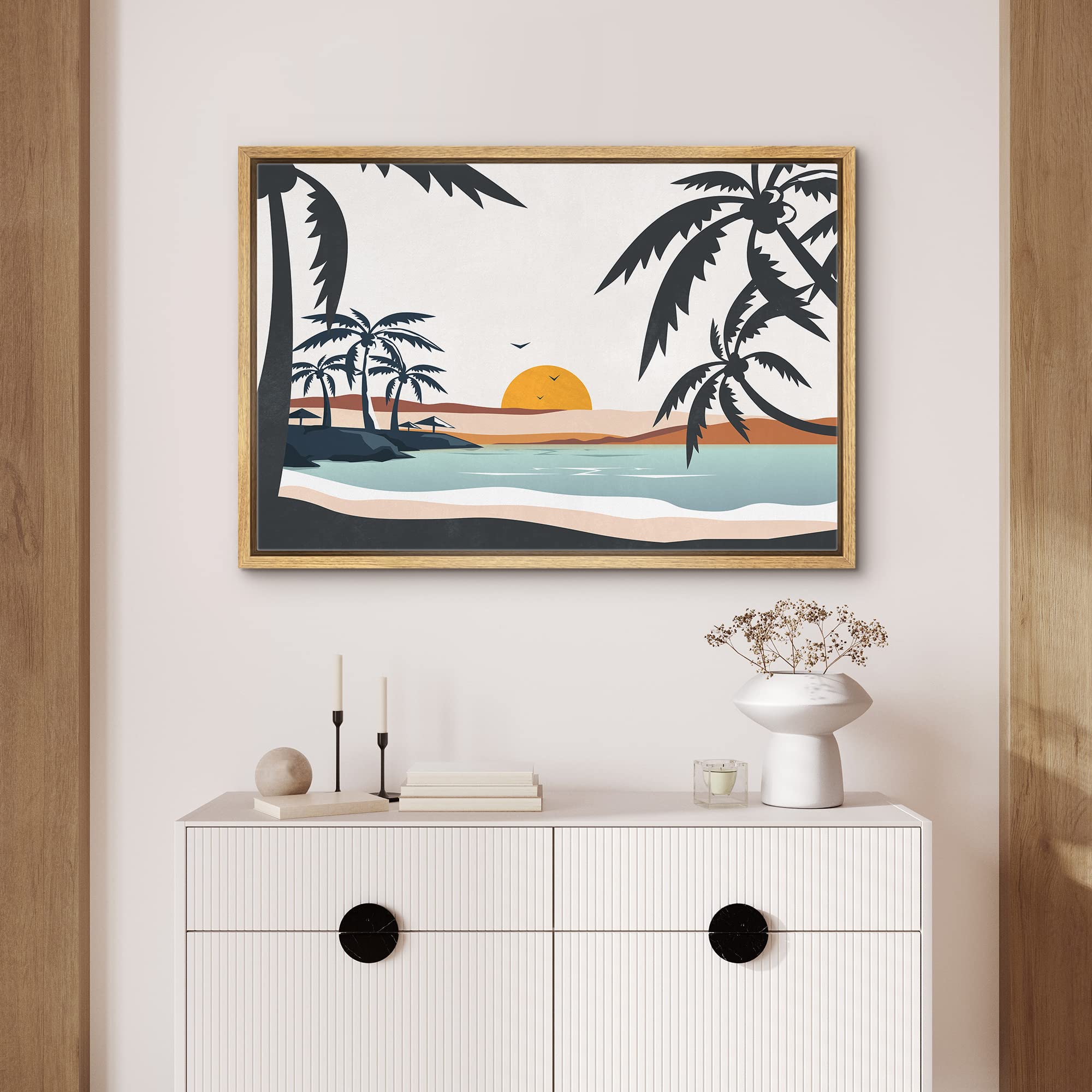 Signford Framed Canvas Print Wall Art Pastel Ocean Sunshine Sunset Horizon Nature Wilderness Illustrations Modern Art For Living