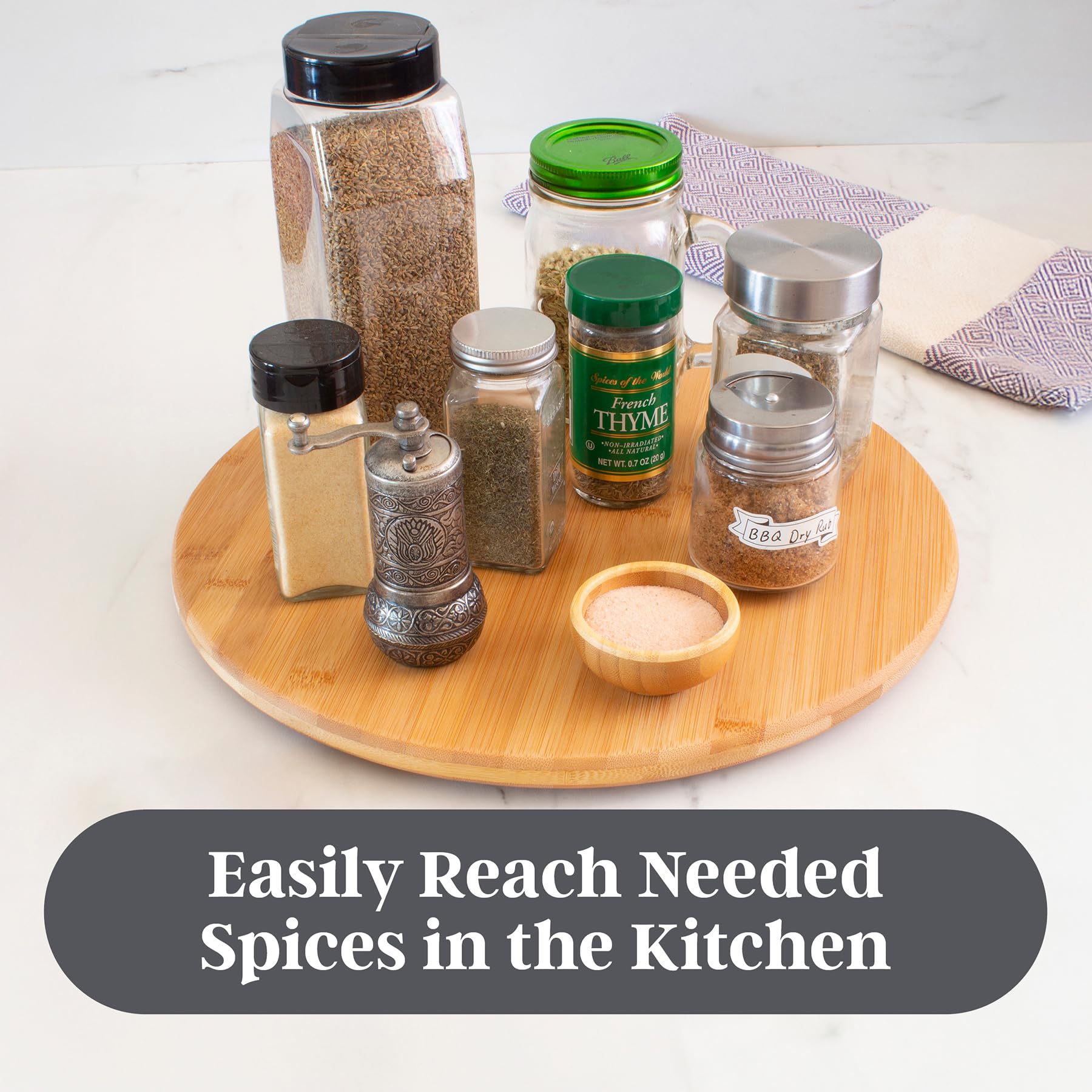 TB Home Lazy Susan Organizer for Cabinet, Pantry or Tabletop - 14 Bamboo Turntable for Kitchen, Counter or Spice Rack Storage