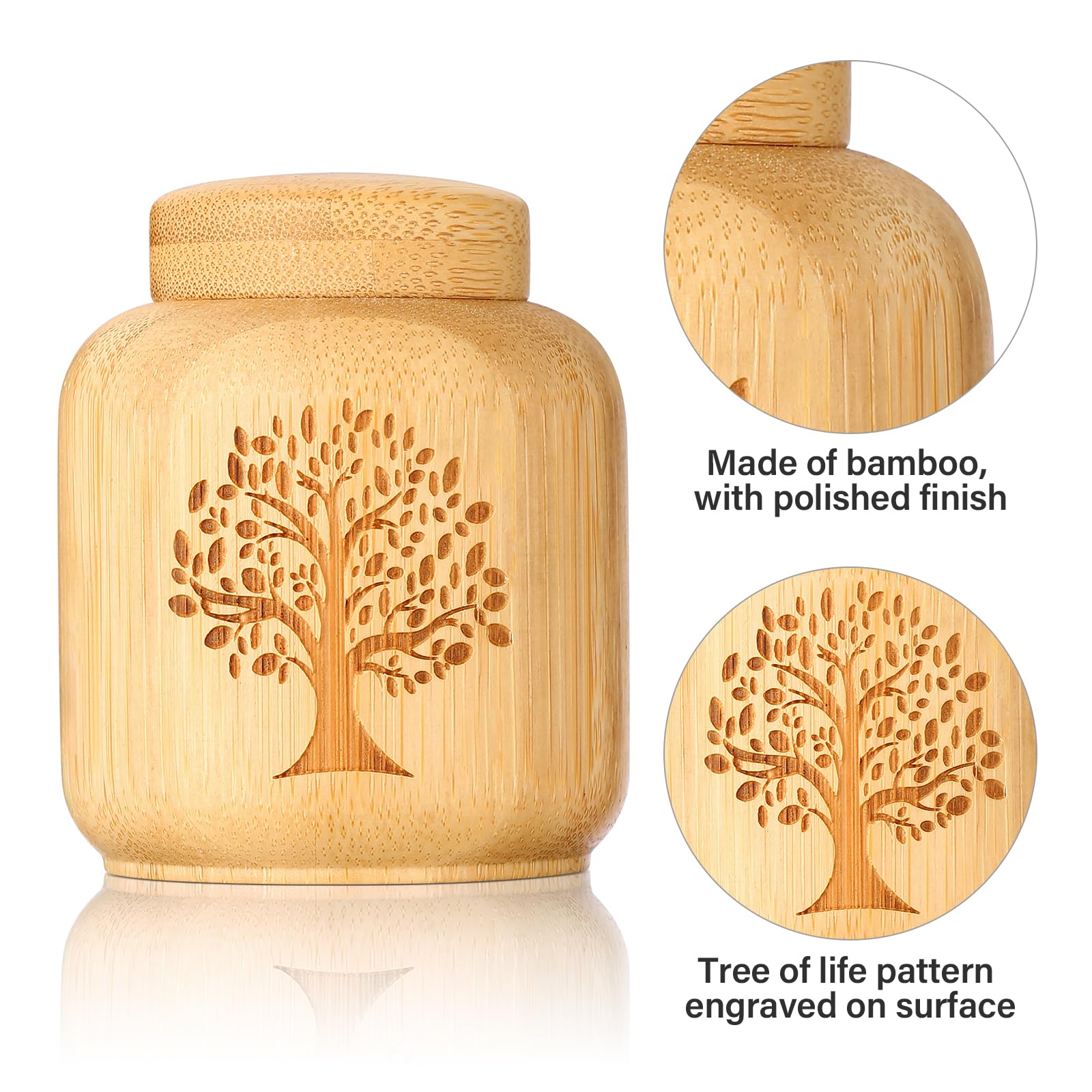 Mini Urns for Human Ashes Made of Bamboo - Set of 2 Small Keepsake Urns With Tree of Life Pattern Engraved, Biodegradable for Pe