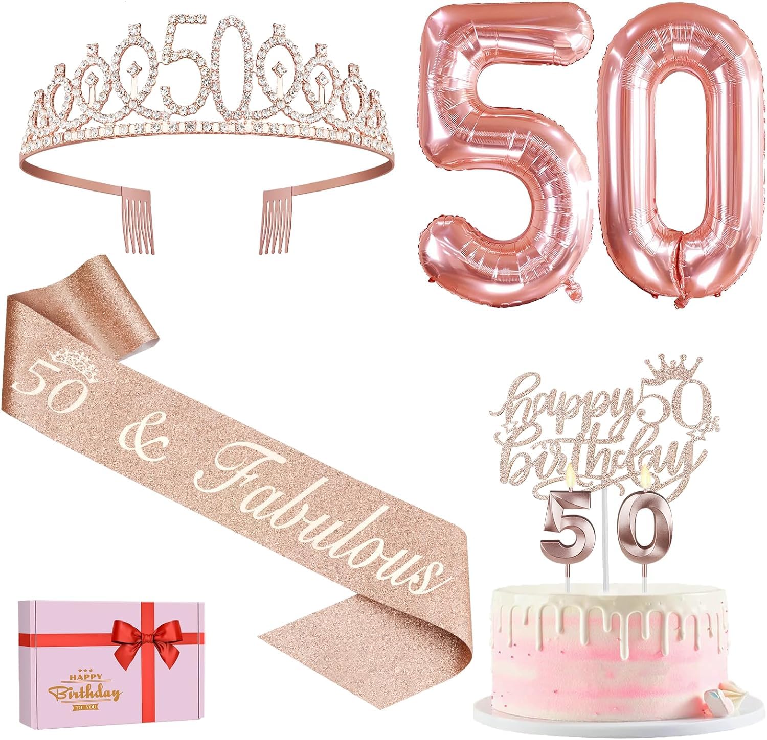 50Th Birthday Decorations Women, Include 50Th Birthday Sash And Tiara, Birthday Cake Topper And Number 50 Candles, Balloons, Bir