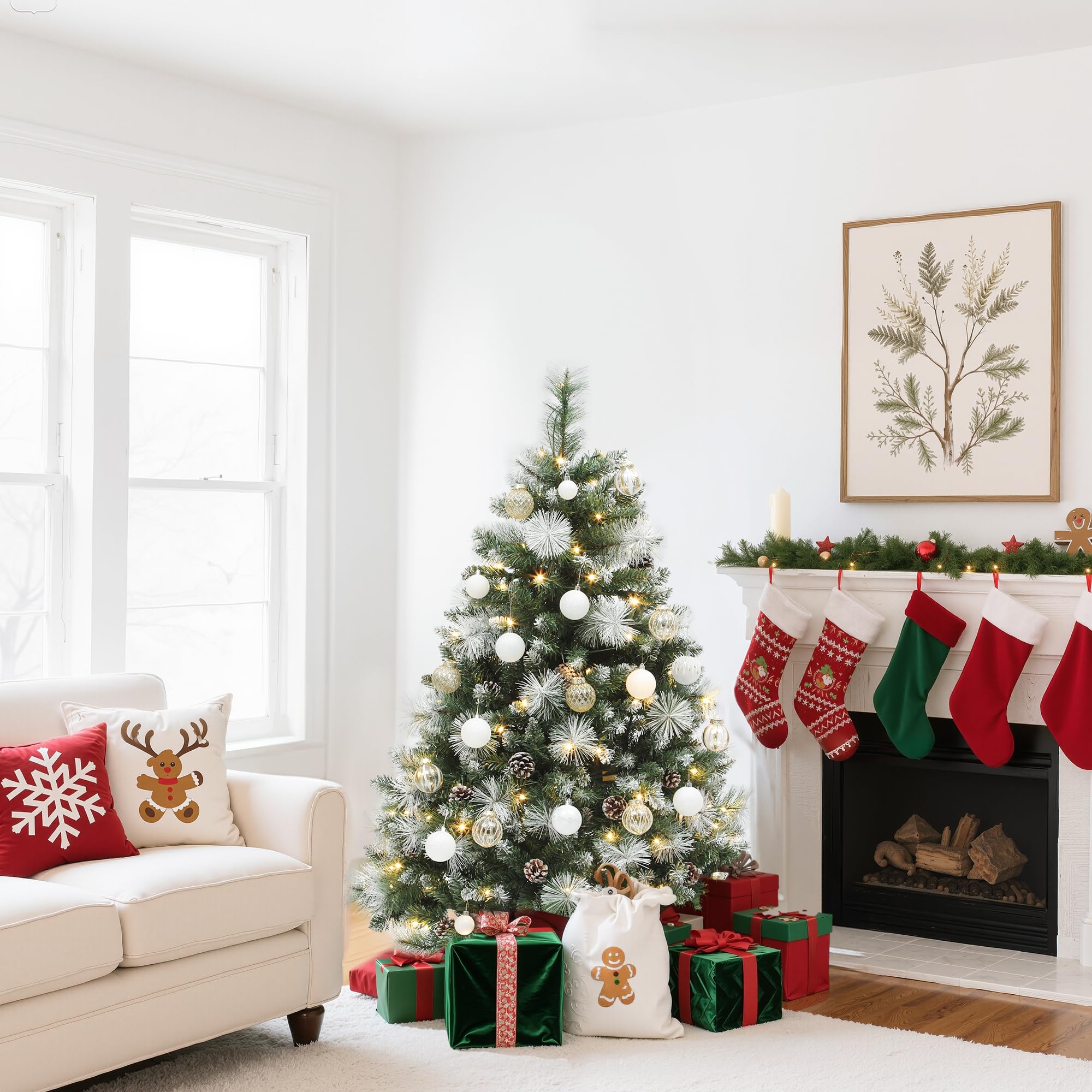 YITAHOME 4.5ft Prelit Scotch Pine Christmas Tree with Remote Control, Pre-Decorated Frosted Christmas Tree with Pine-Cones & Nee