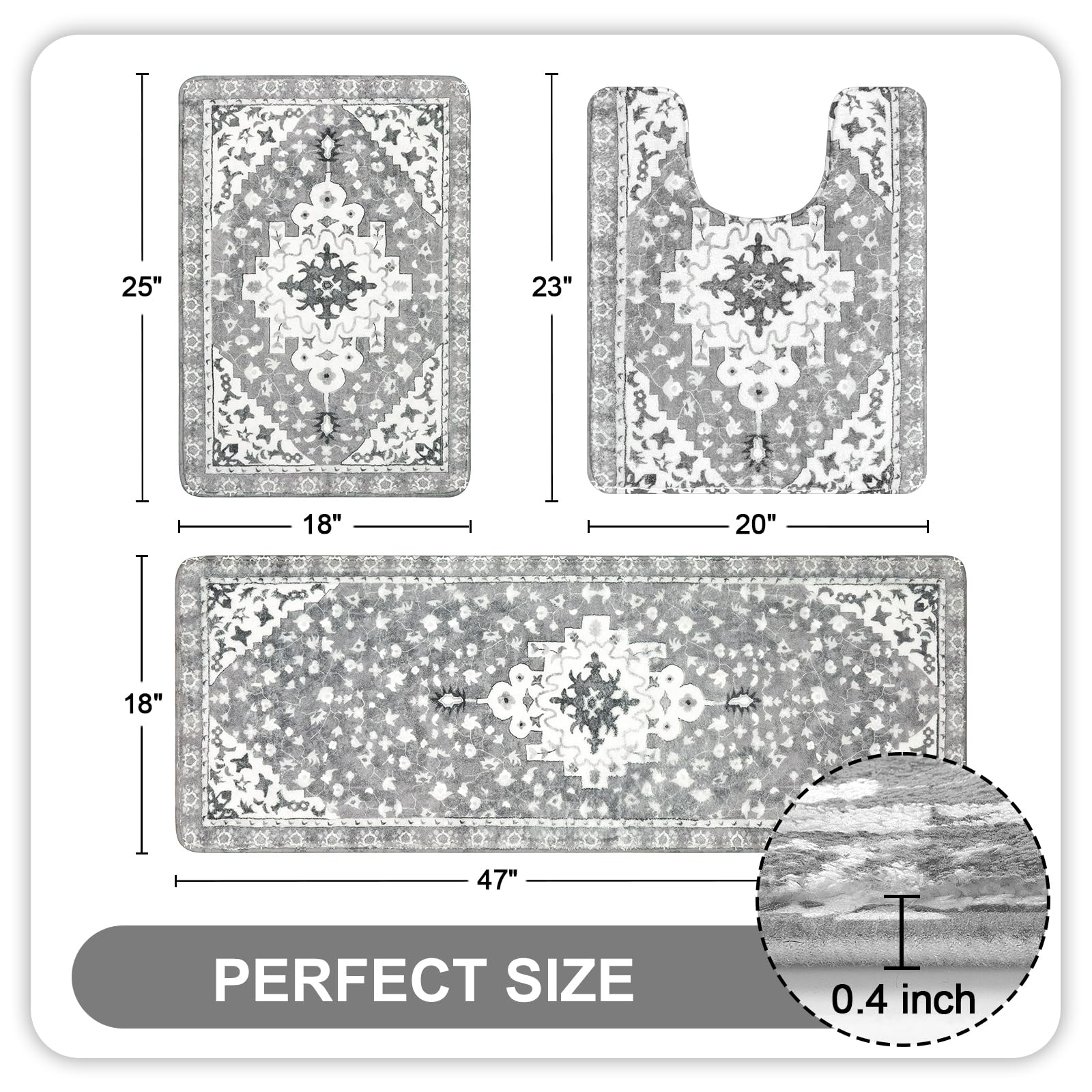 Uphome Boho Vintage 3 Piece Bathroom Rug Set Gray Non-Slip Soft Long Bathroom Rugs With U-Shaped Contour Toilet Rug Machine Wash