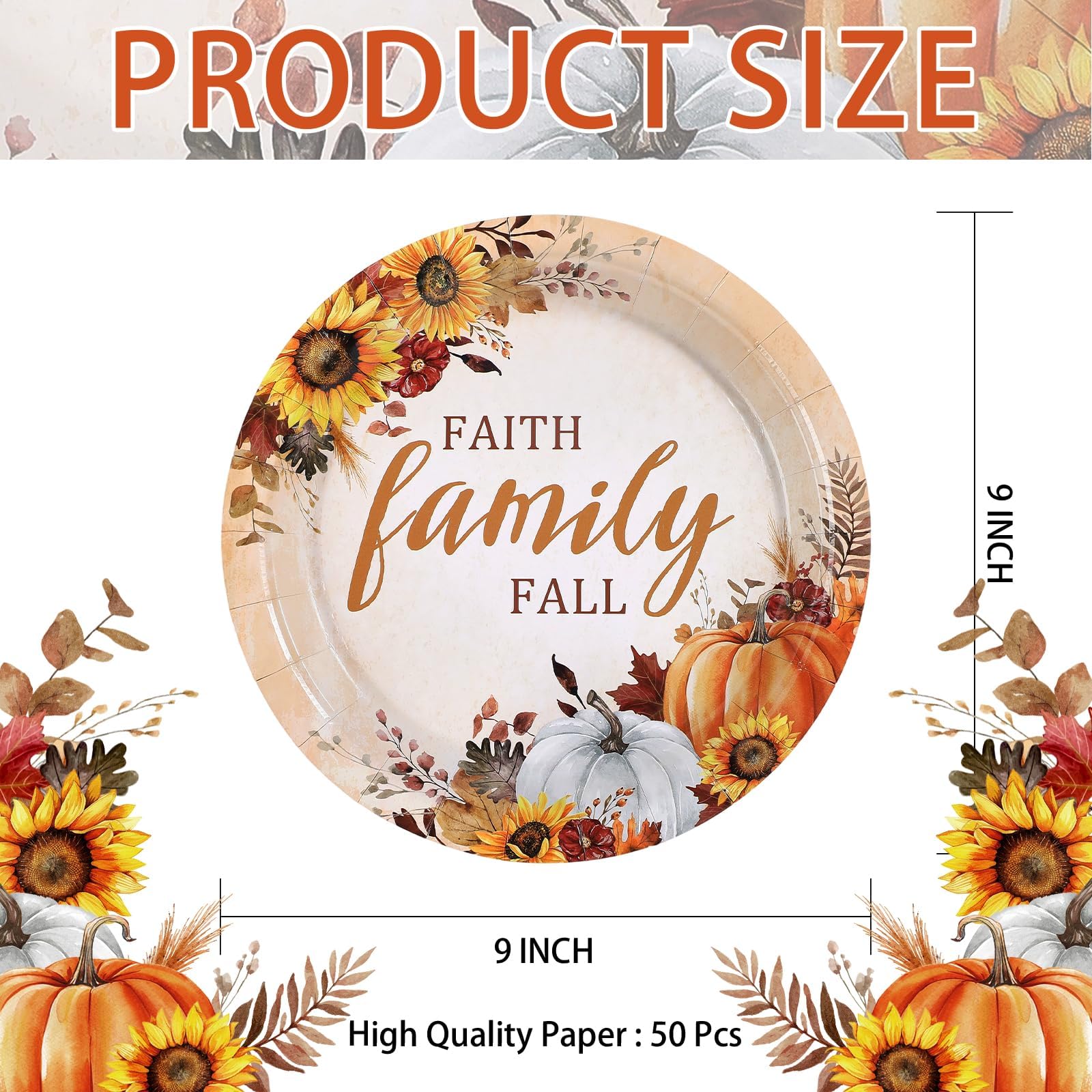 Grencian 50Pcs Fall Faith Family Party Plates 9in Disposable Heavy Duty Fall Pumpkin Sunflower Desert Paper Plates for Autumn Th