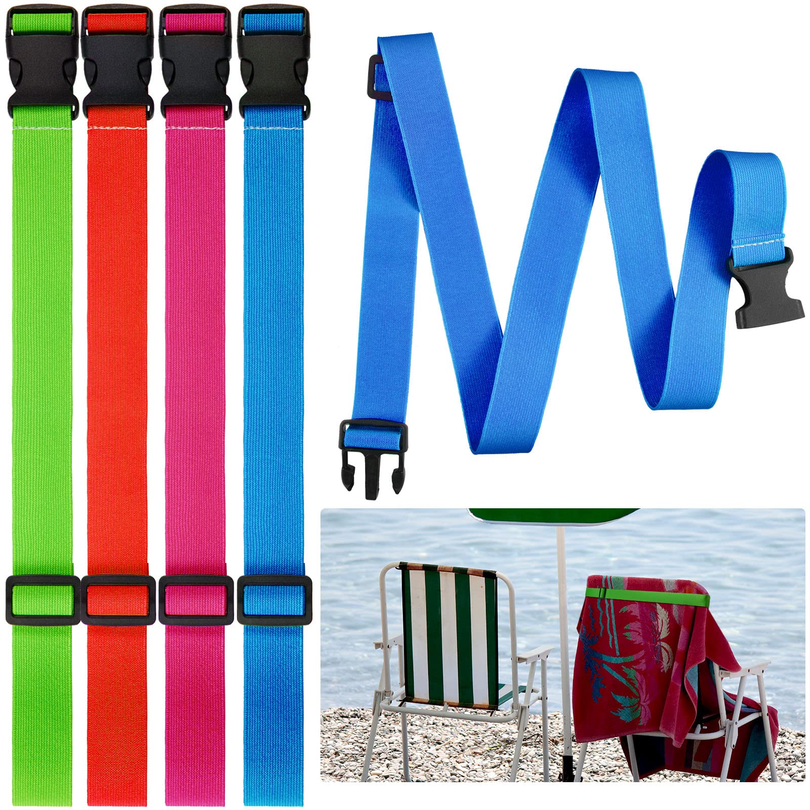 Boao 4 Pcs Towel Bands for Beach Chairs Adjustable Beach Towel Holder Elastic Chair Clips Straps for Pool Cruise Carnival Ship T