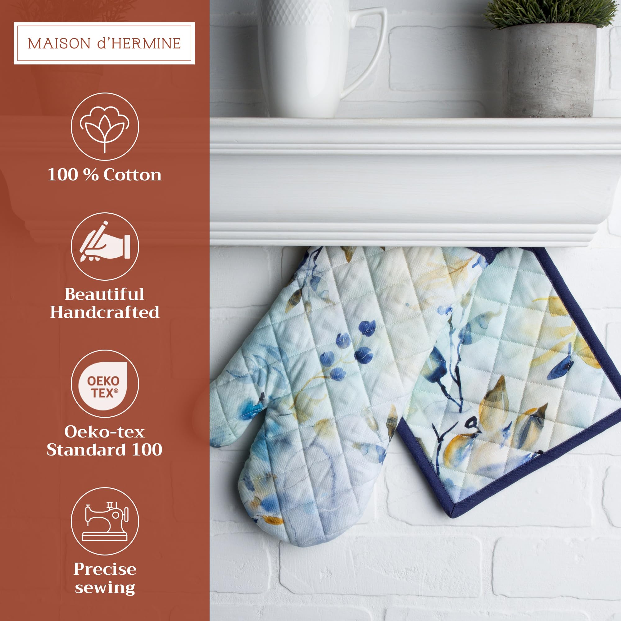 Maison d' Hermine Oven Mitt + Pot Holder 100% Cotton Heat Resistant Kitchen Oven Gloves (7.5''x13'') & Hot Pads (8''x8'') for Gifts  Chef  Women & Men Parties  Lazy Summer Days - Spring/Summer