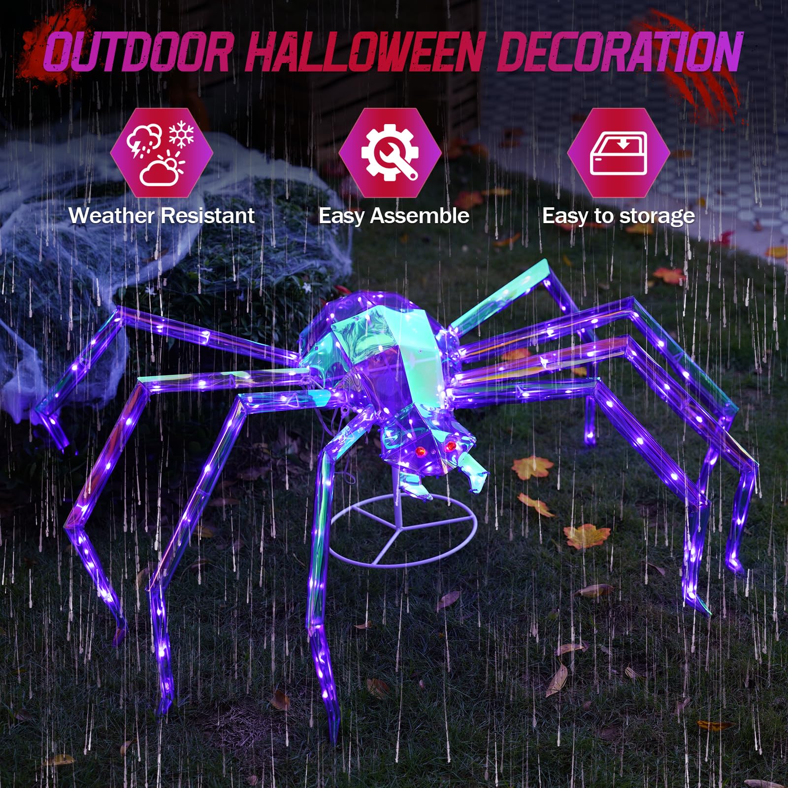 Prismatic Iridescent Giant Spider, 52 Pre-lit Large Outdoor Scary Prismatic Spider Decorations for Halloween 140 LED Light Up Gi