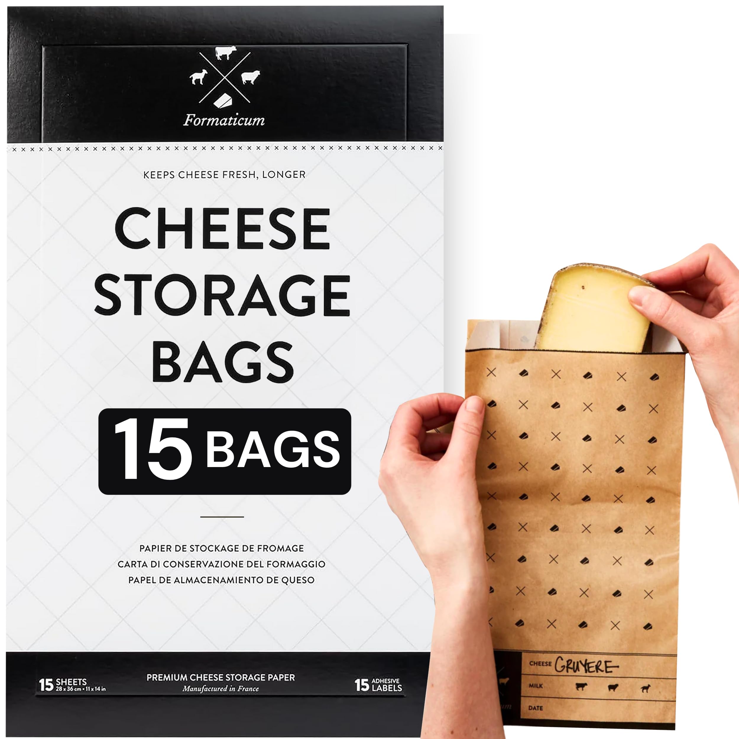 Formaticum - 15-Pack Cheese Storage Bags - 6.25 x 11 Wax Paper Bags to Keep Cheese or Charcuterie Fresh - Professional Grade Che
