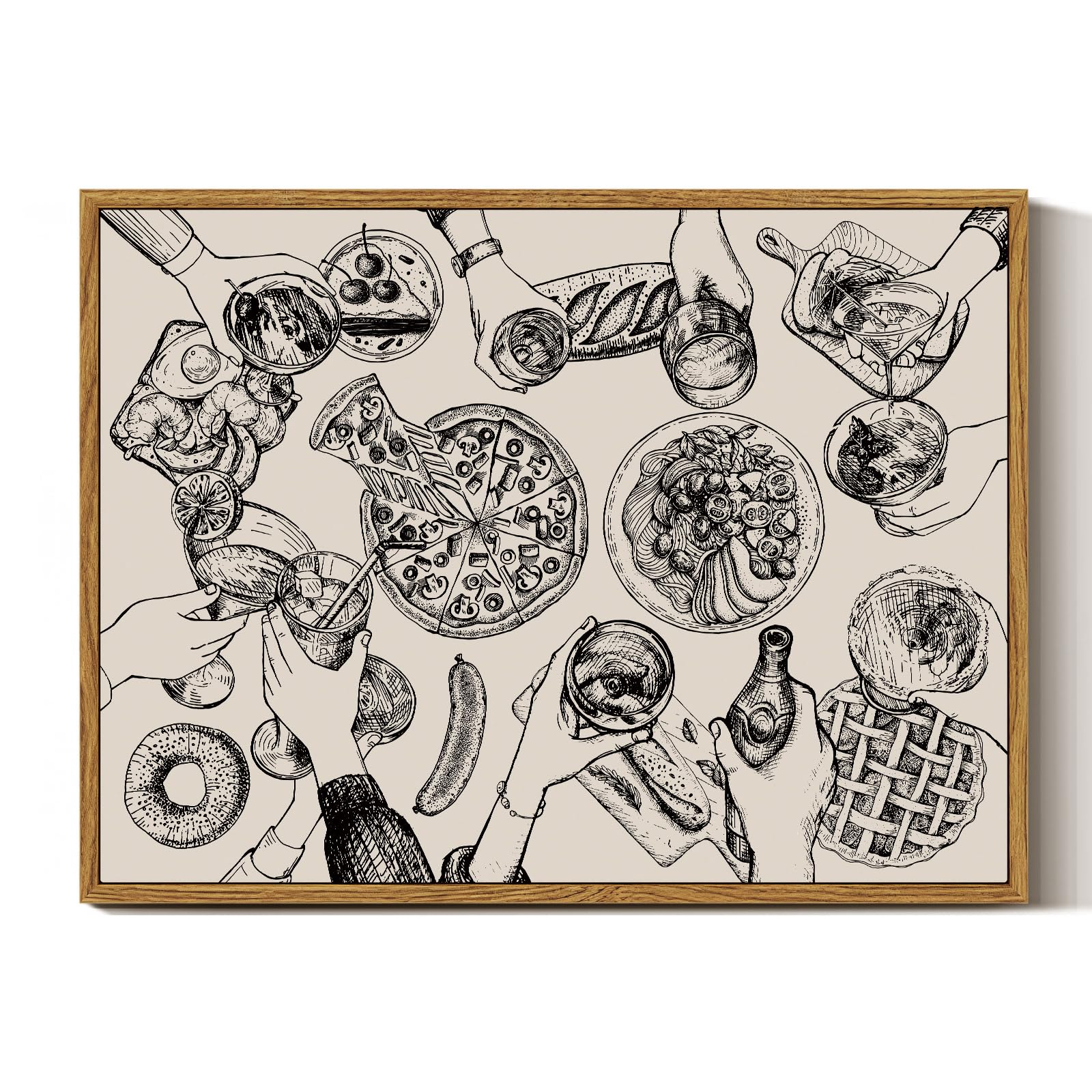 Insimsea Framed Canvas Prints Art Vintage Decor, Cheers Friends Clinking Cute Minimalist Painting, Retro Abstract Wall Art For L