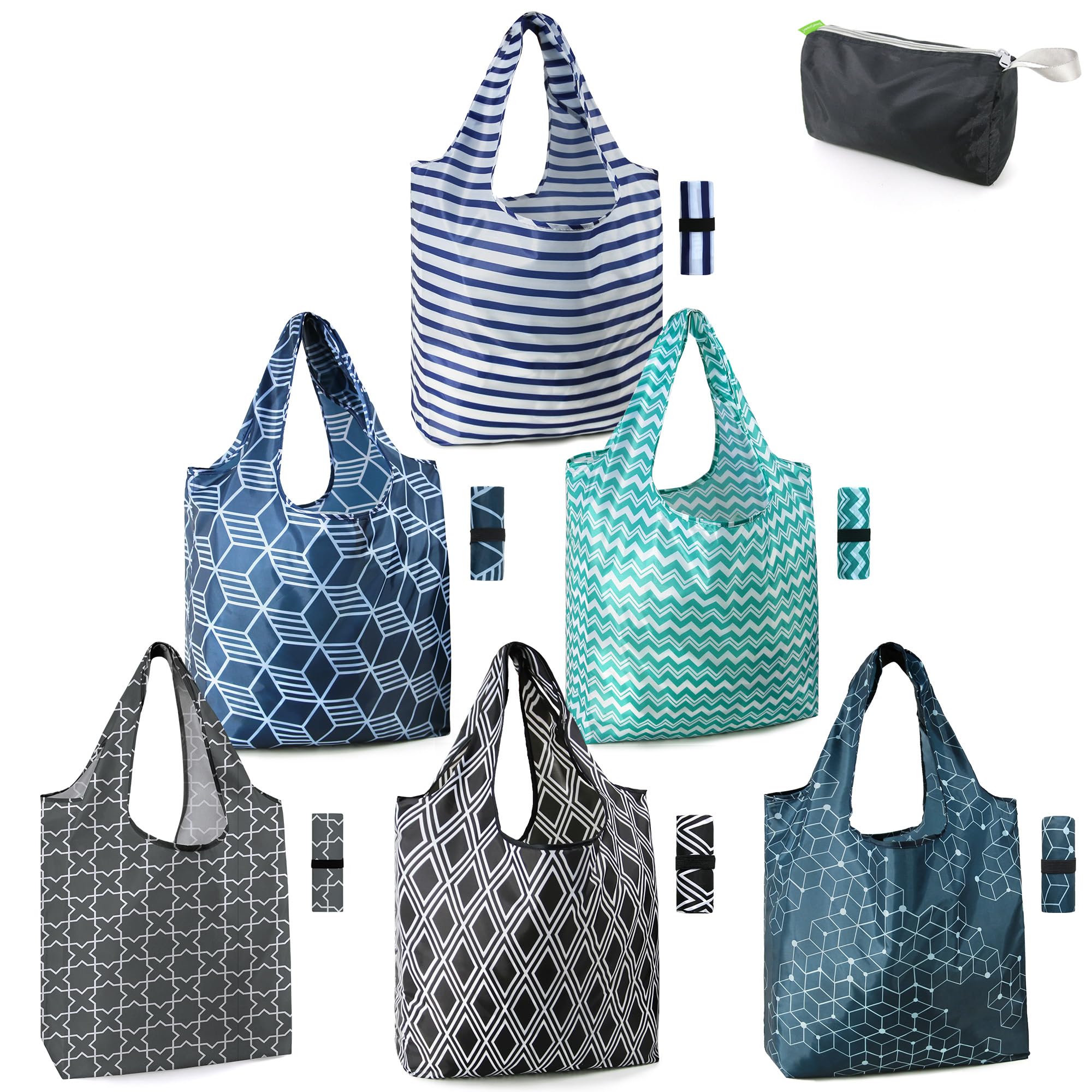 BeeGreen Geometry Reusable Grocery Bags Bulk 6 Packs X-Large, Reusable Shopping Bags Foldable for Groceries, Vegetables, Fruits 
