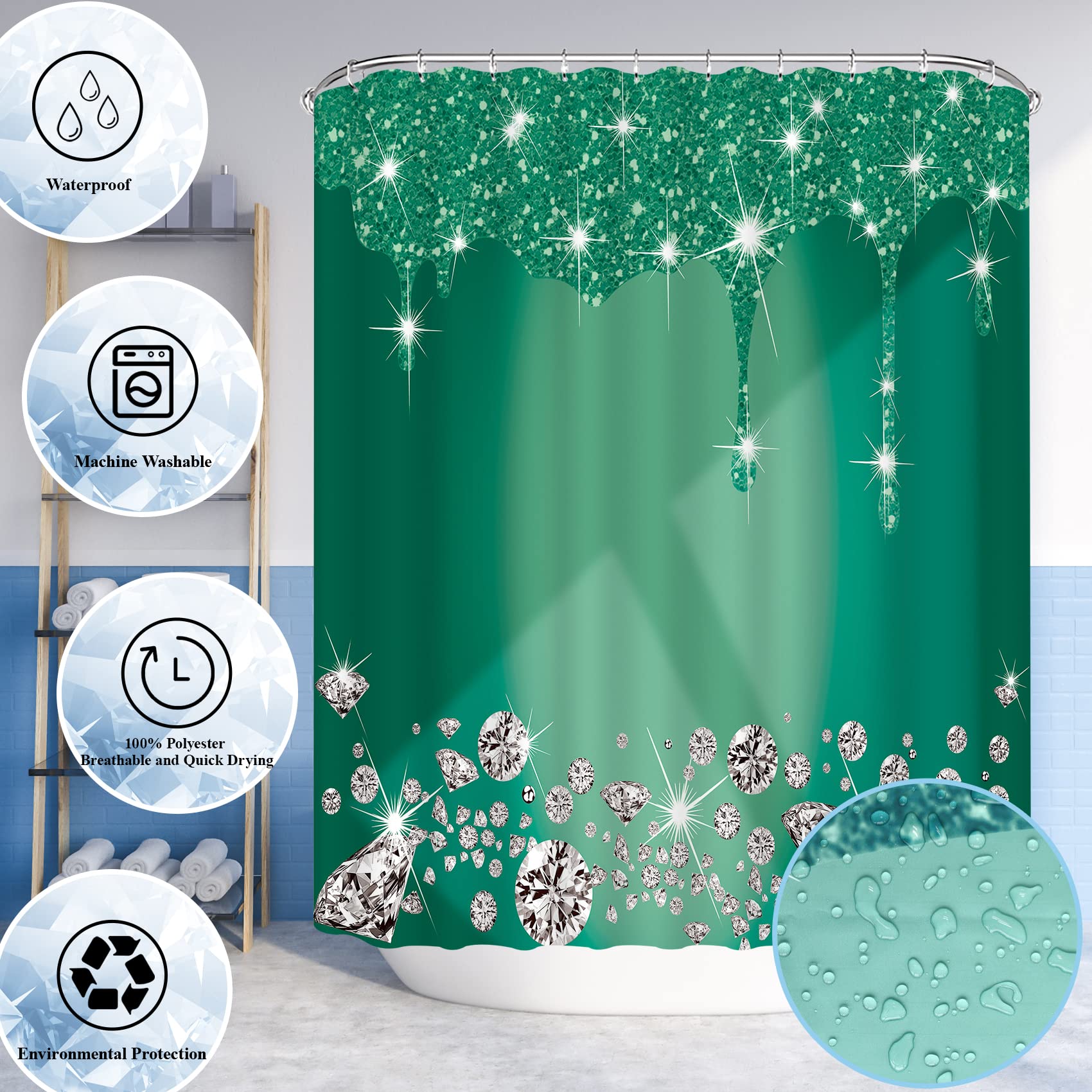 4 Pcs Glitter Diamond Shower Curtain Sets  Deep Green Shiny Drips Bath Decor with Rug and Toilet Lid Cover  Emerald Green Luxury Texture Colorful Bling Modern Bathroom Curtain with 12 Hooks  72 x 72