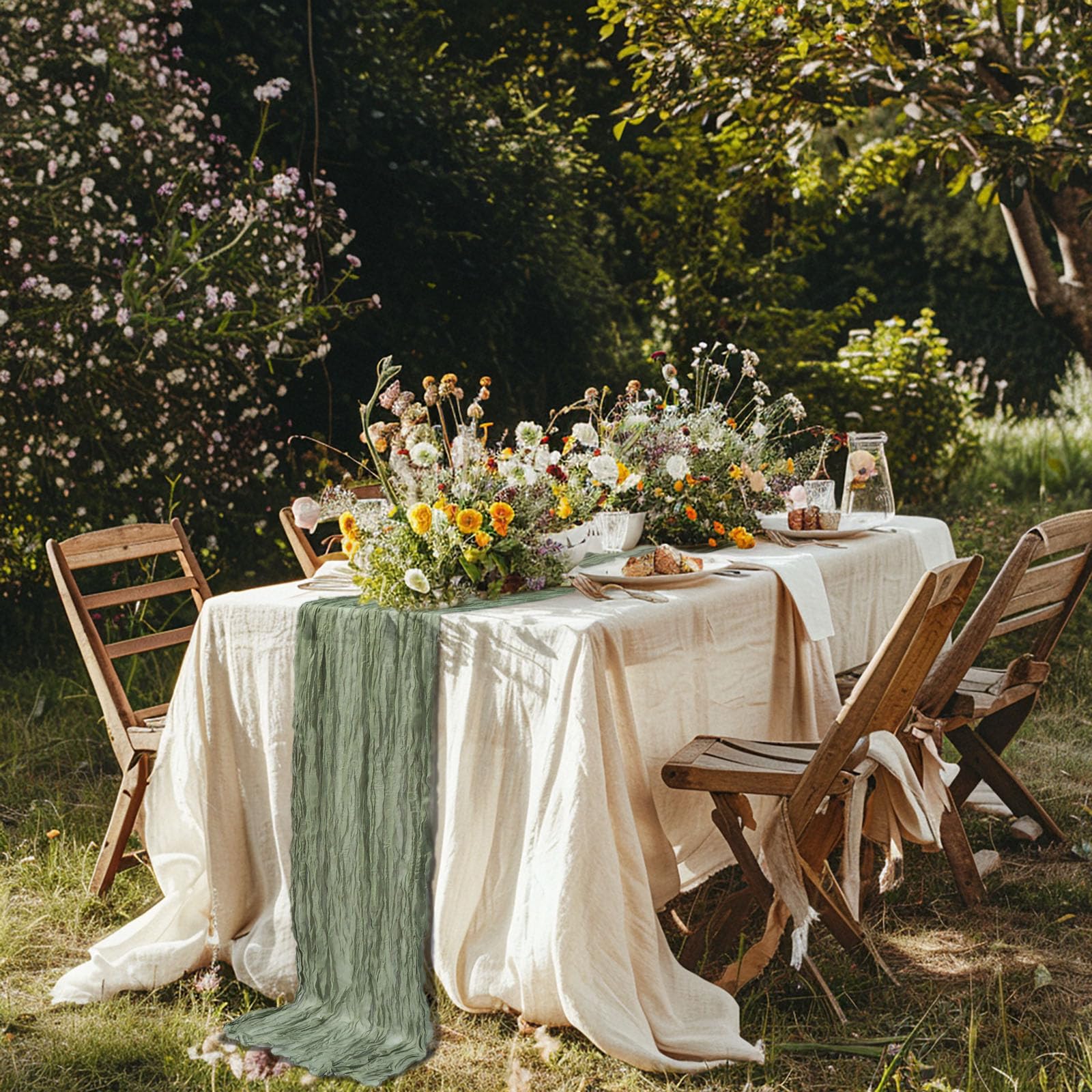 Fusenyuan Sage Cheesecloth Table Runner 10Ft 1Pcs For Boho Wedding Farmhouse Party Rustic Gauze Table Runner 120'' X 35'' For Ba