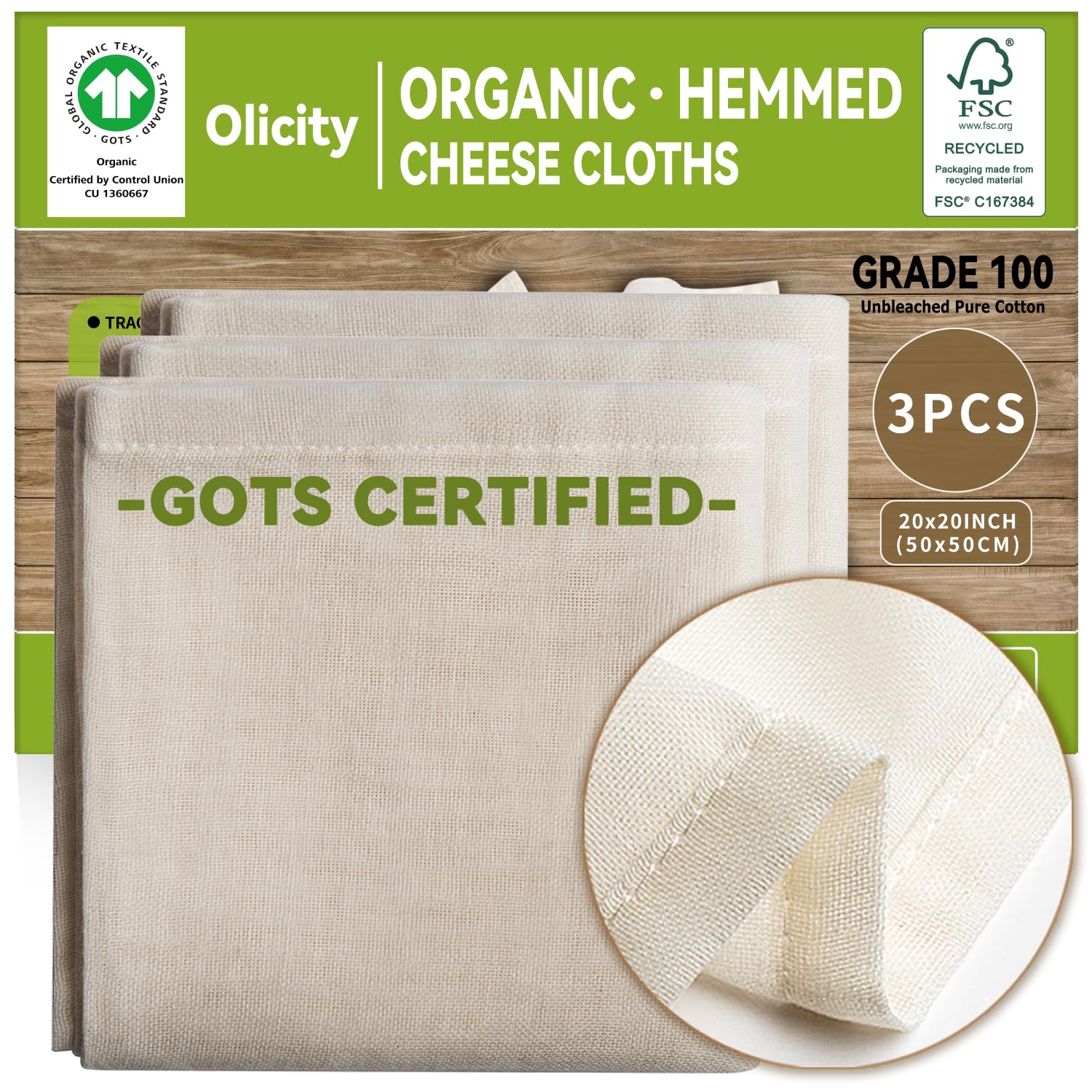 Organic Cheese Cloths, GOTS Certified, 3Pack, Grade 100, 20x20Inch Hemmed Cheese Cloth Fabric Reusable Fine Mesh Cloth, 100% Cot