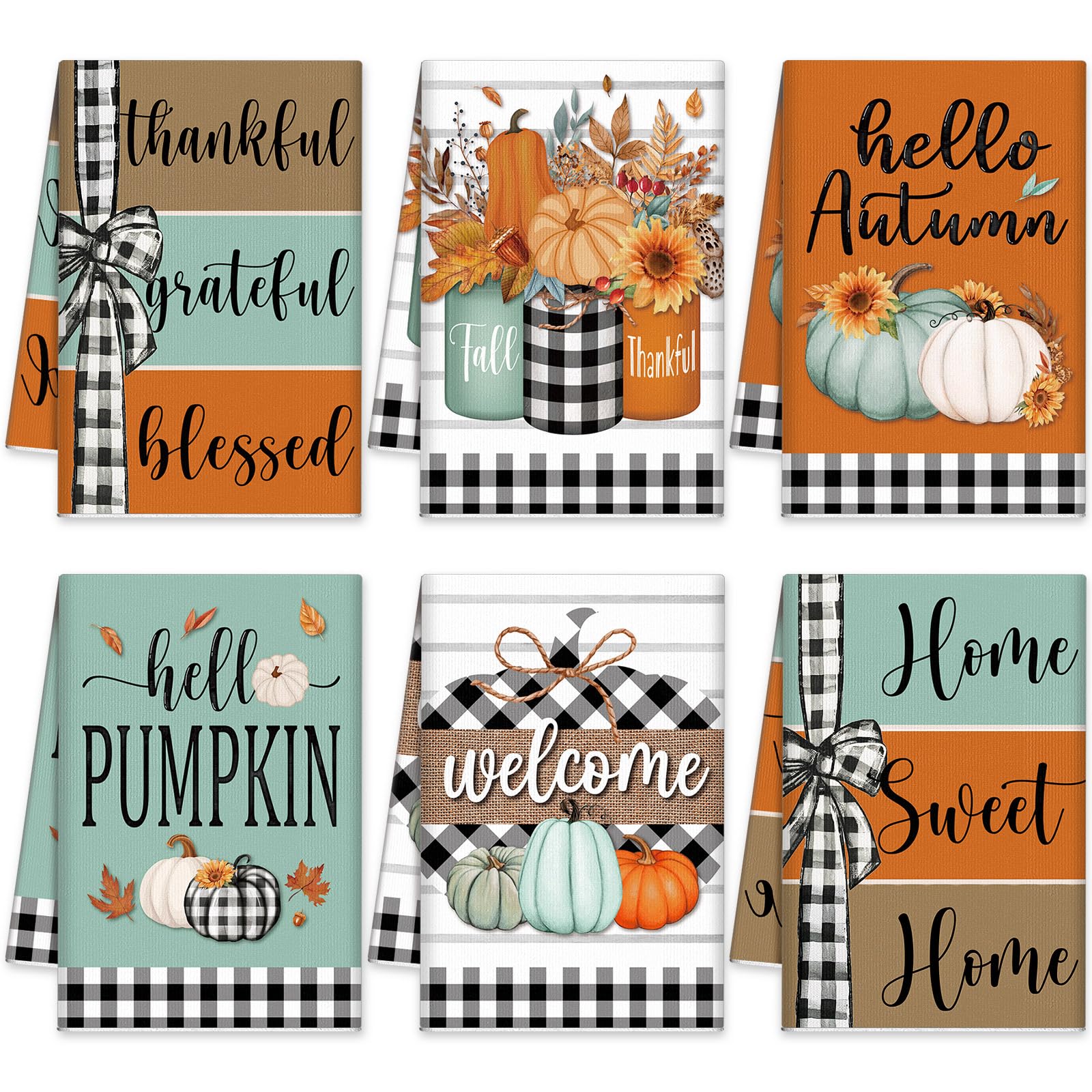 Windkream 6 Pieces Fall Thanksgiving Kitchen Towels Blue Orange Pumpkin Tea Dishtowels Buffalo Plaid Autumn Bathroom Hand Towels
