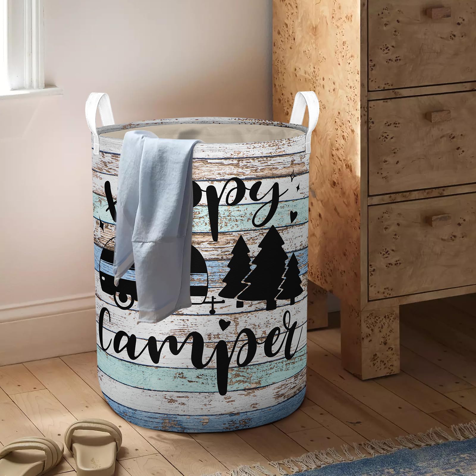 Happy Camping Laundry Basket Foldable With Handles Tote Bag Waterproof Oxford Cloth Blue Funny Laundry Hamper Clothes Storage Bu