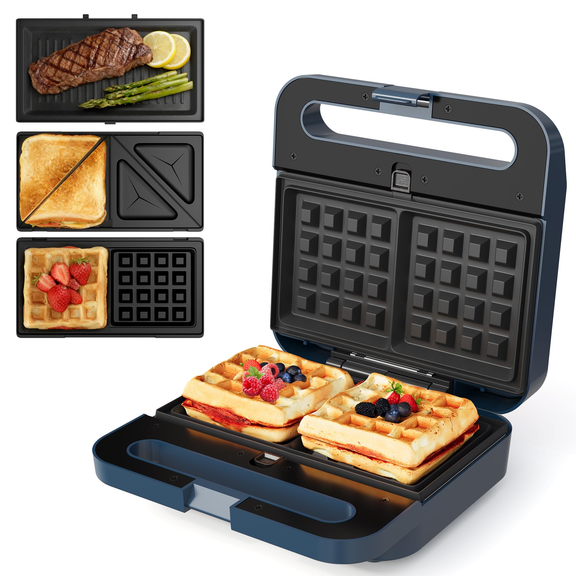 SUNVIVIPRO Sandwich Maker Panini Press Grill, 3 in 1 Electric Waffle Maker with Removable Non-stick Plates, Glass Top, Cool Touc