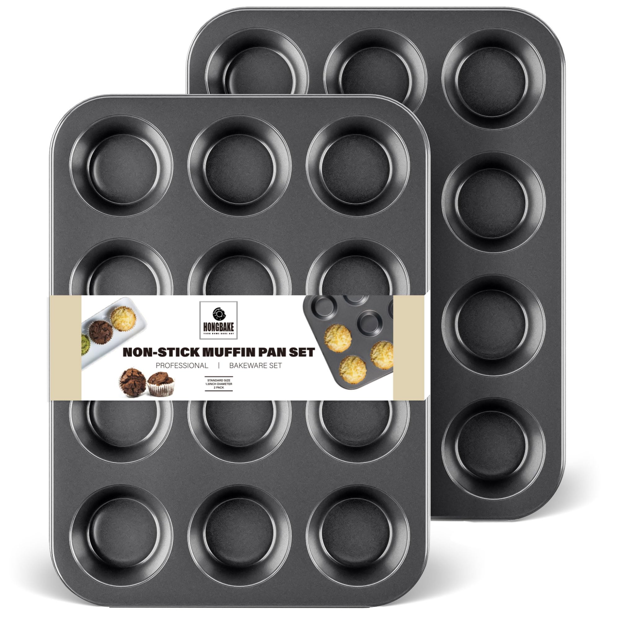 Hongbake Muffin Pan For Baking, Nonstick Cupcake Tin 12 Cup, 2 Pack Cup Cake Tray, Premium Cheesecake Pans, Dishwasher Safe - Da
