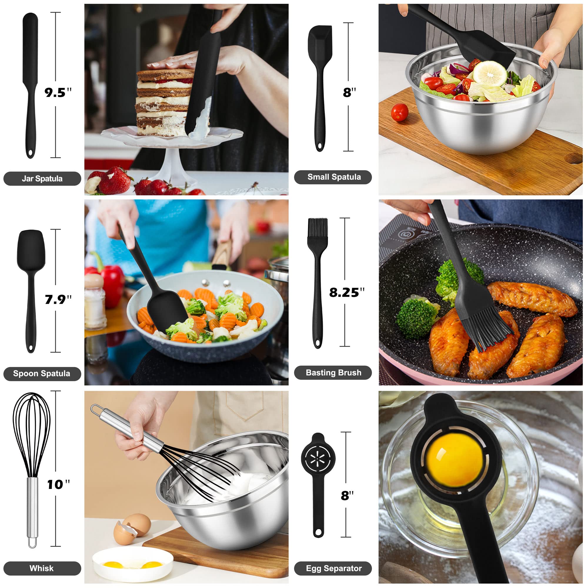 Teamfar Mixing Bowls With Lids Set Of 7, Stainless Steel Nesting Salad Mixing Bowls With 16 Pcs Cooking Utensils Set, 7, 4.5, 3,