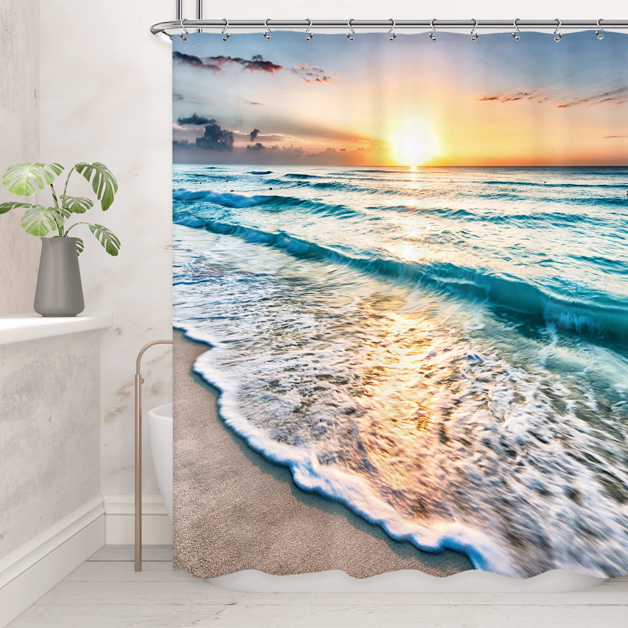 Riyidecor Ocean Beach Look Nature Scene Shower Curtain For Bathroom Sunrise Sunset 60 X 72 Inch Coastal Hawaiian Summer Sea Wave