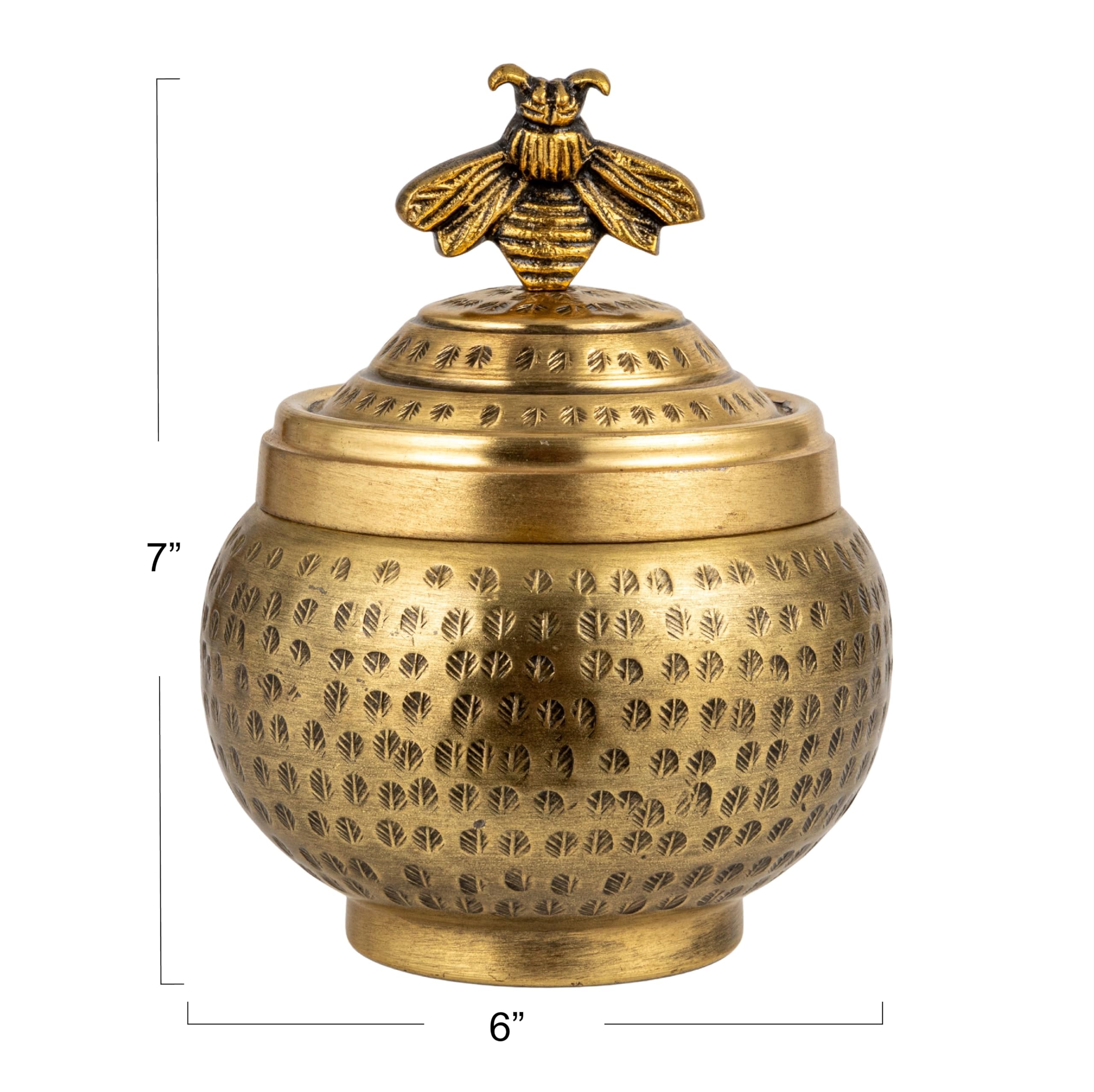 Creative Co-Op Round Hammered Metal Container with Bee Finial, Brass Finish