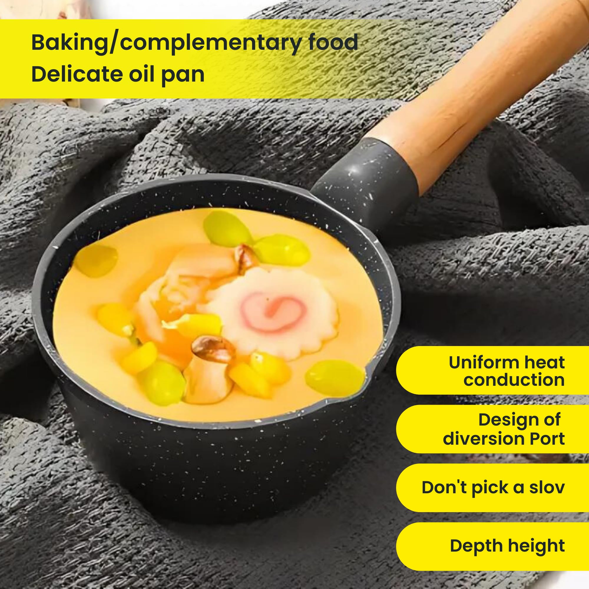 Homeessentials Deep Frying Tadka Pan With Wooden Handle - Non-Stick Maifan Material For Vaghar, Chounk, Baghar - Frying Dal/Spic