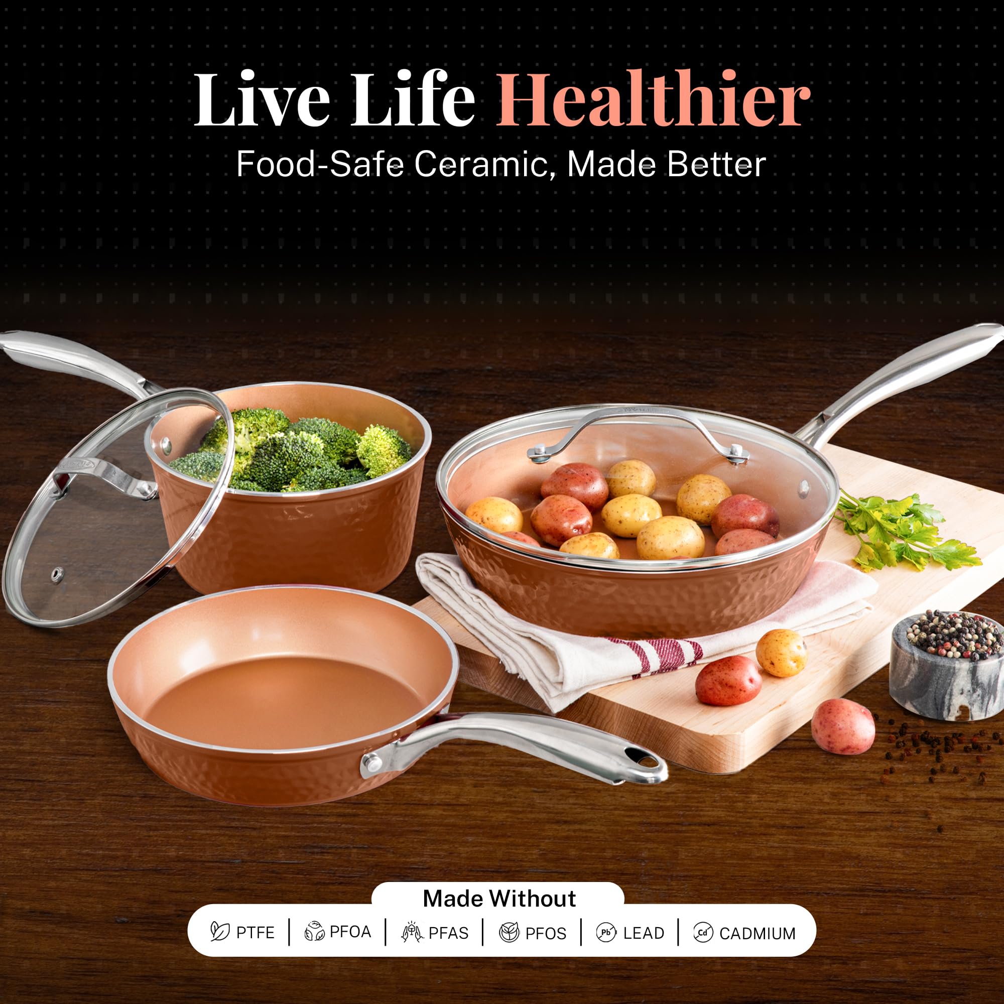 GOTHAM STEEL 15 Pc Hammered Copper Nonstick Cookware Set, PFOA Free, Induction Ready, Oven & Dishwasher Safe