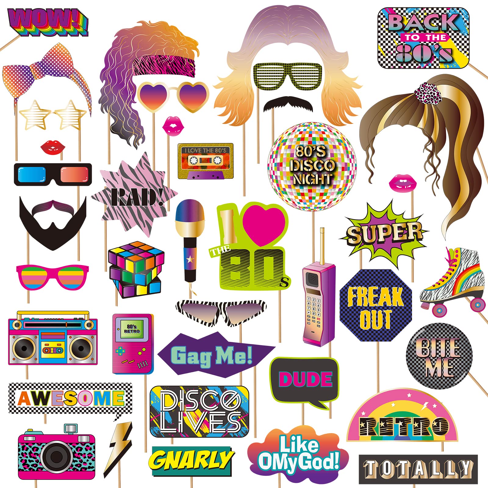 Brt Bearingshui 80S Photo Booth Props, Retro 80'S Photo Prop Set, Throwback 80'S Photo Booth Prop Set 1980'S Theme Party Decorat