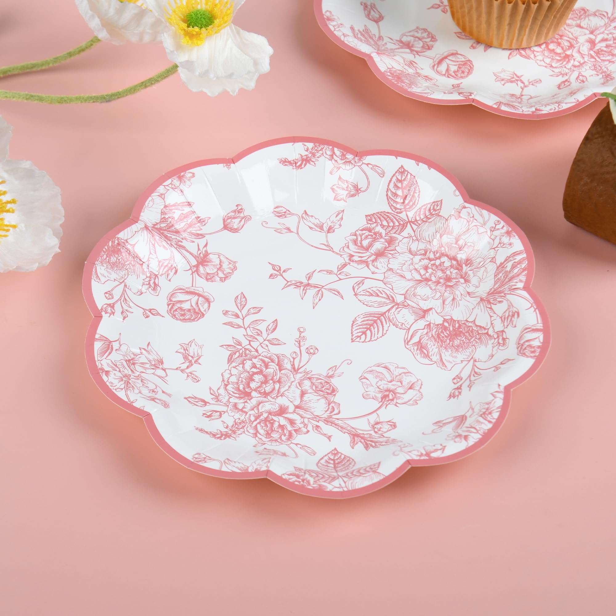 Elyxio Pink Floral Party Plates Vintage Floral Leaf Disposable Paper Plates Wildflower Pink Toile 7'' Scalloped Rim Dessert Plat