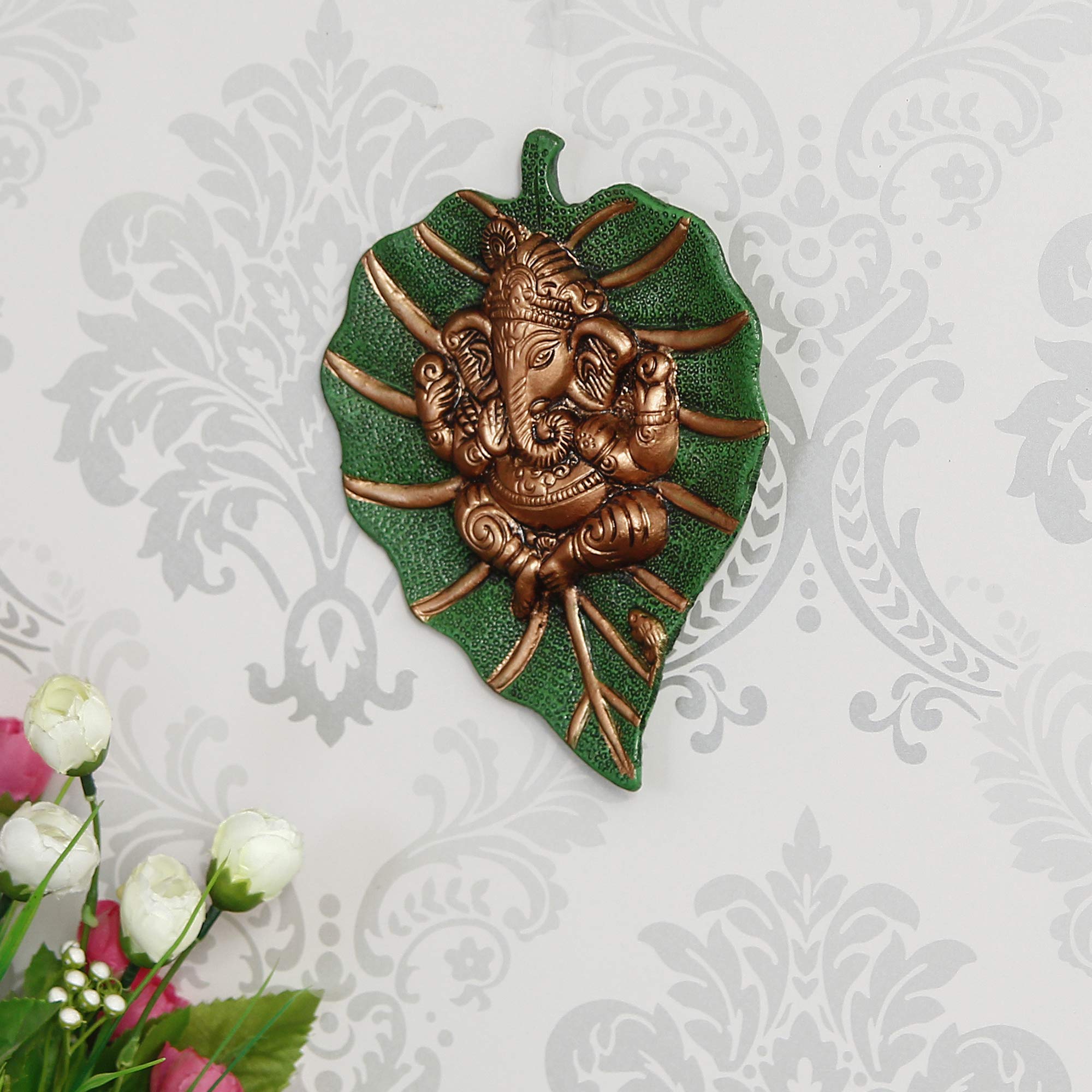 Ecraftindia Metal Brown Lord Ganesha Idol On Green Leaf Ganesha Wall Hanging Decorative Showpiece For Wall Decor- Diwali Decorat